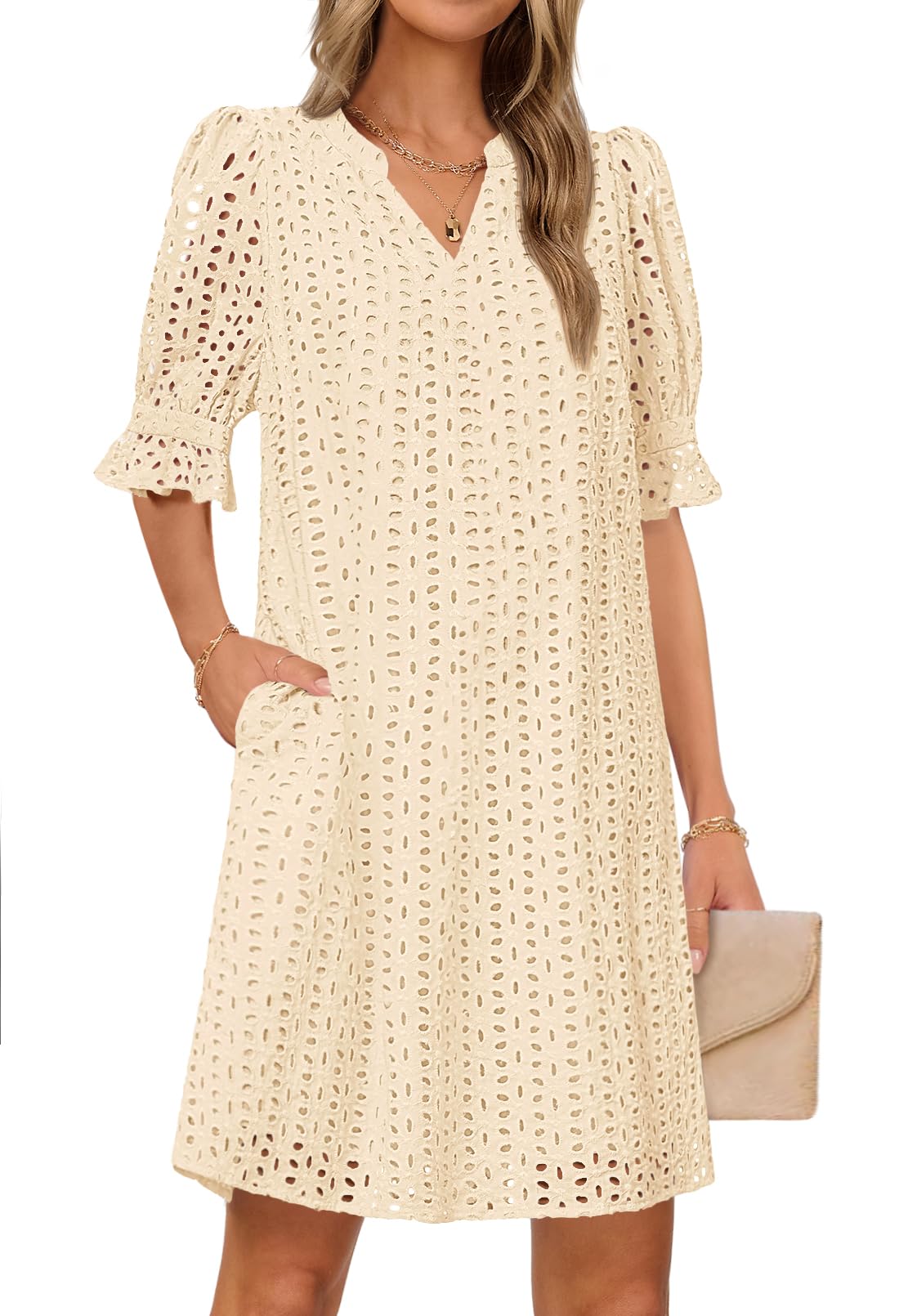 MEROKEETY Women's 2026 Summer Short Sleeve Mini Dress V Neck Ruffle Hollow Out Eyelet Lace Dresses