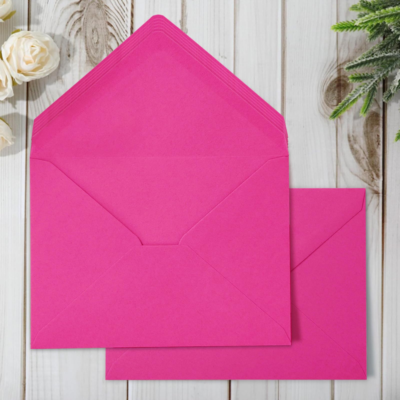 Whaline 50Pcs A7 Invitation Envelopes Set Hot Pink Greeting Card Envelopes V-Flap Envelopes Gift Card Sleeves for Valentine's Day Mailing Envelopes