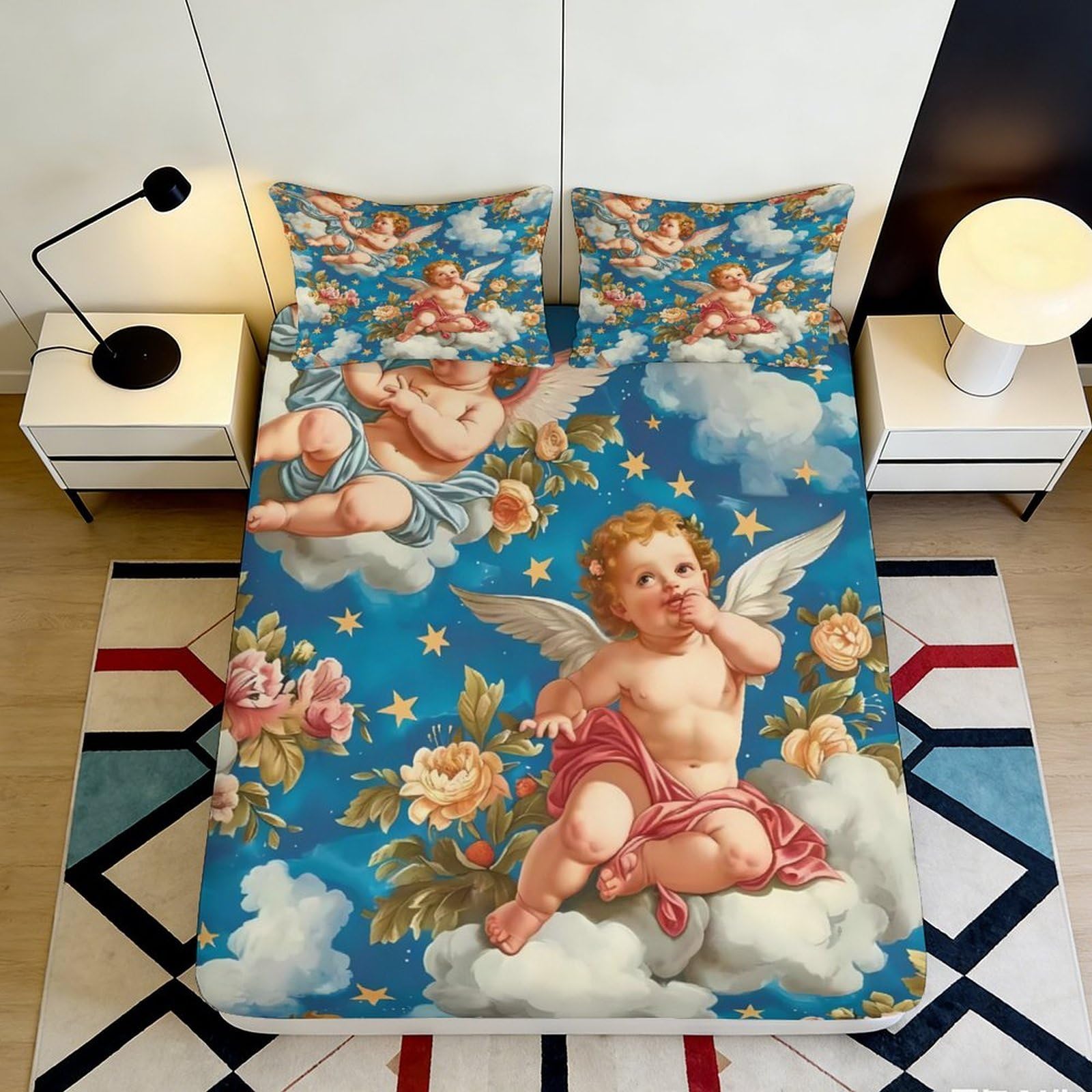 3D Printed Angel Cloud Fitted Sheet Microfiber Soft Breathable Cherub Star Bed Cover for Bedroom Guest Room Decor 90x200x25cm