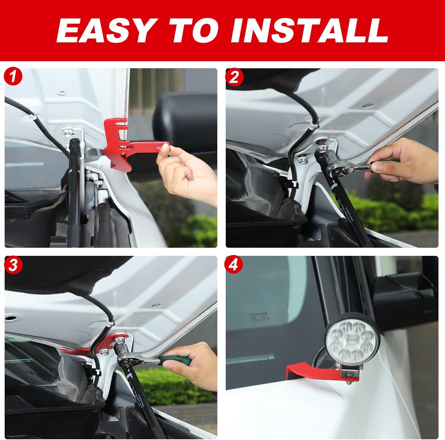 Compatible with Toyota Tundra 2022 2023 2024 2025+ Car Hood Metal LED Light Pod Metal Hood Mount Bracket Kit (Red)
