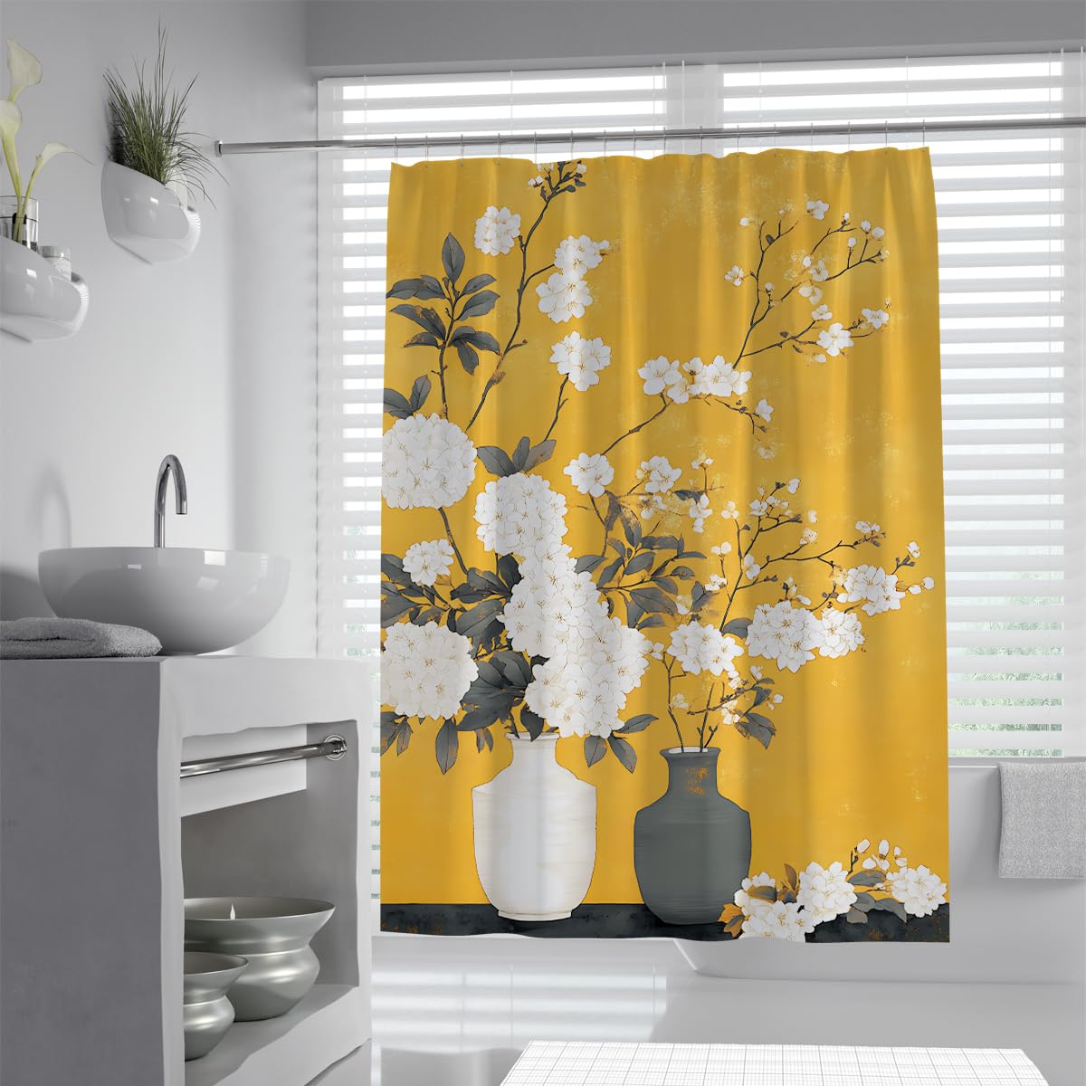 UERWOWELL Nordic Shower Curtain Ceramic Still Life Blossom Branch Bath Curtain Yellow Background Boho Country Bathroom Decor Set with Plastic Hooks W200xL200 cm