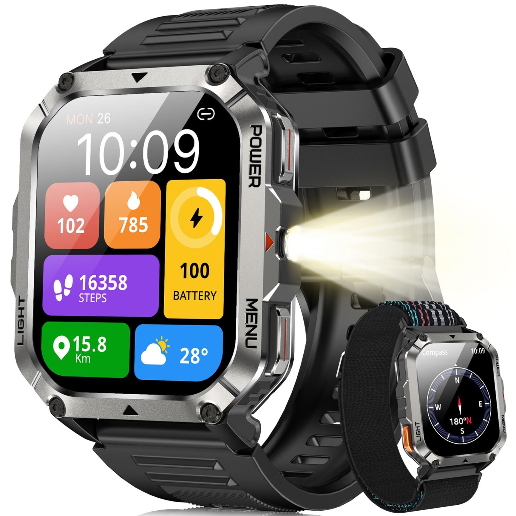 Blackview Military Men's Smart Watch – Flashlight and Compass, 2.01 Inch Smartwatch Man with 100+ Sports Modes, Bluetooth Calls/Notification, Heart Rate Monitor/Oximeter/Sleep, Activity Bracelet (Black) ClimeCo Certified