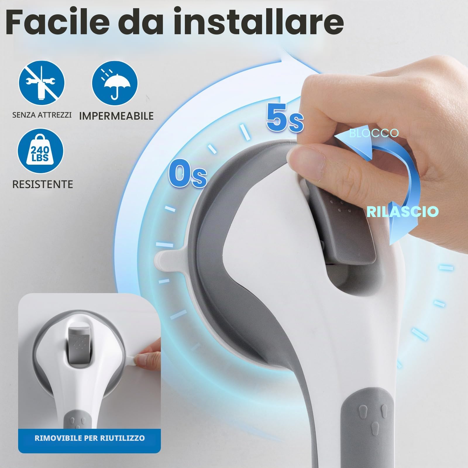 LEVERLOC Maniglie Doccia per Bagno 31 CM, MAX 110 KG Maniglione a Ventosa, Impugnatura di Sicurezza per Anziani, Disabili, Resistente, Senza Foratura e Corrimano Rimovibile Handy Grasp Pro, Grigio