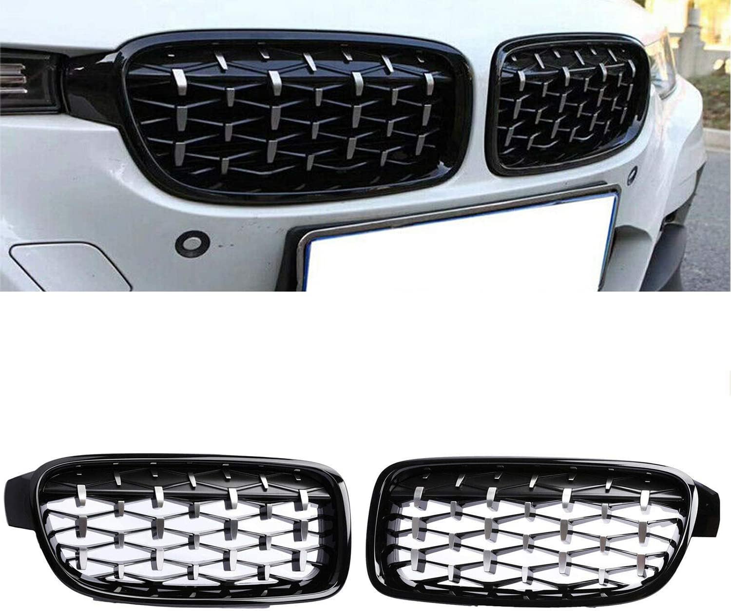 GSRECY For F30 F31 2012-2018 3 Series 318d 320d 330d 320i 328i 335i 335i xDrive Twin FIns Front Kindey Bumper Grille Grill Pair (Diamond-Gloss Black)