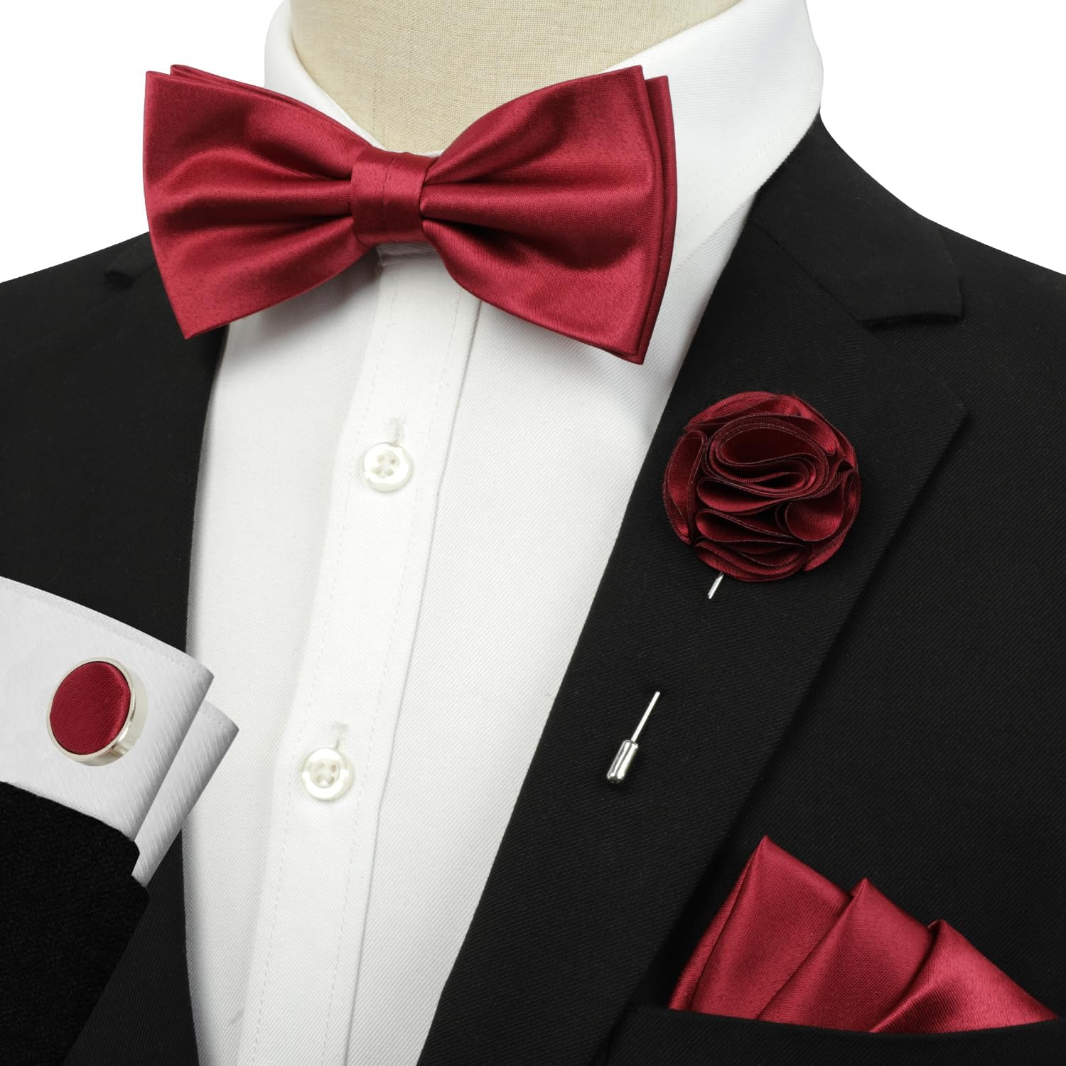Bow Tie for Men 4PCS Pre-Tied Solid Color Bow Ties Tuxedo Cufflinks Lapel Pin Pocket Square for Wedding Luxurious Sparkle