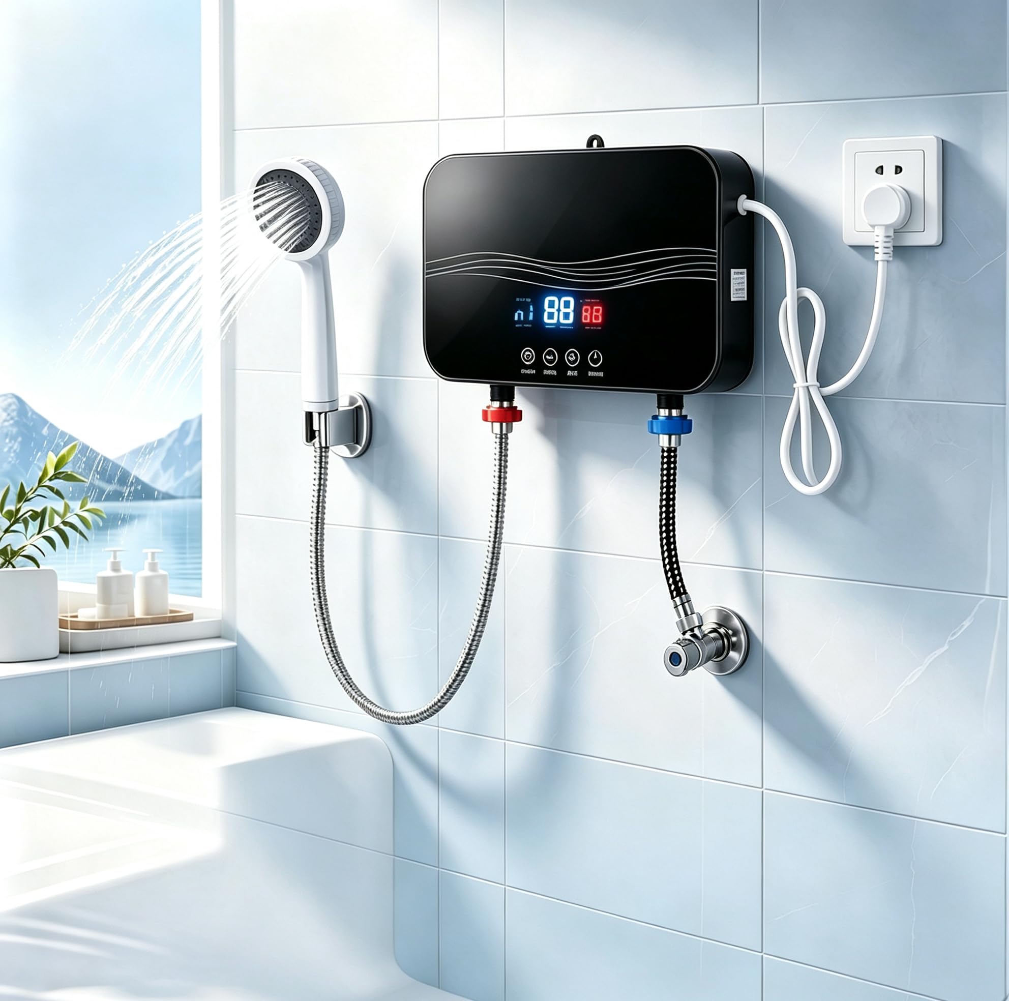 Chauffe-eau électronique de cuisine 6000 W, chauffe-eau électrique avec interrupteur FI et écran tactile LED, mini chauffe-eau instantané Plug and Play pour salle de bain, cuisine