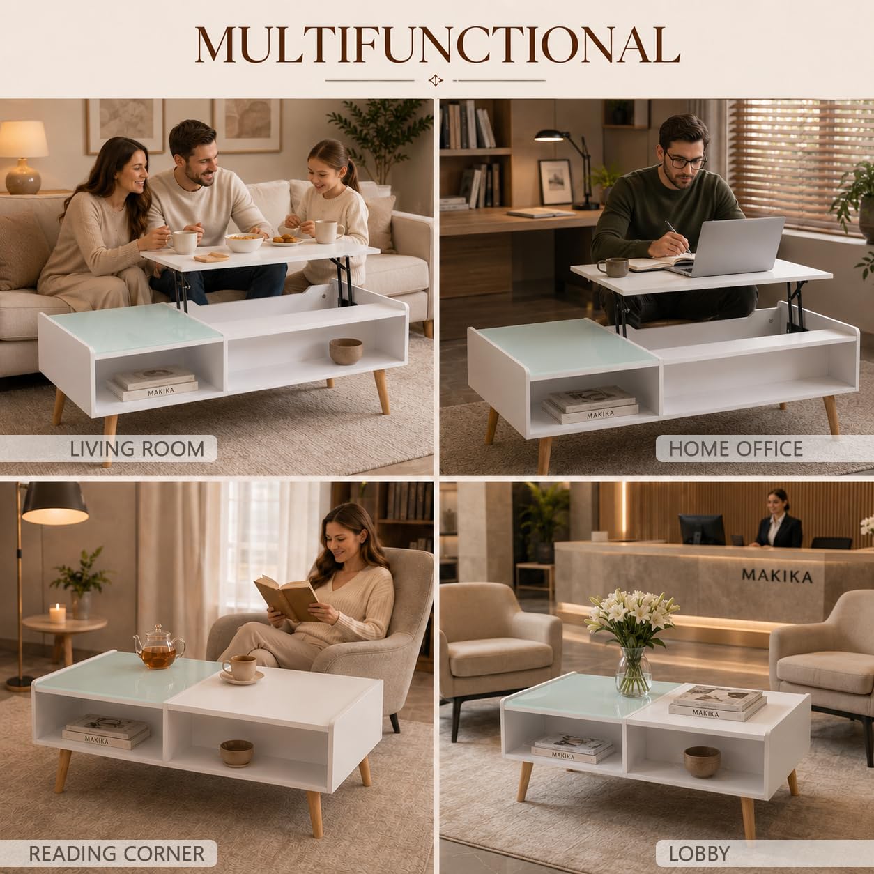 Couchtisch Wohnzimmertisch ausziehbar - mit höhenverstellbarer Platte und verstecktem Stauraum Sofatisch Kaffeetisch Beistelltisch - Fernsehtisch aus Holz und Glas Wohnzimmer Möbel Tisch Weiß