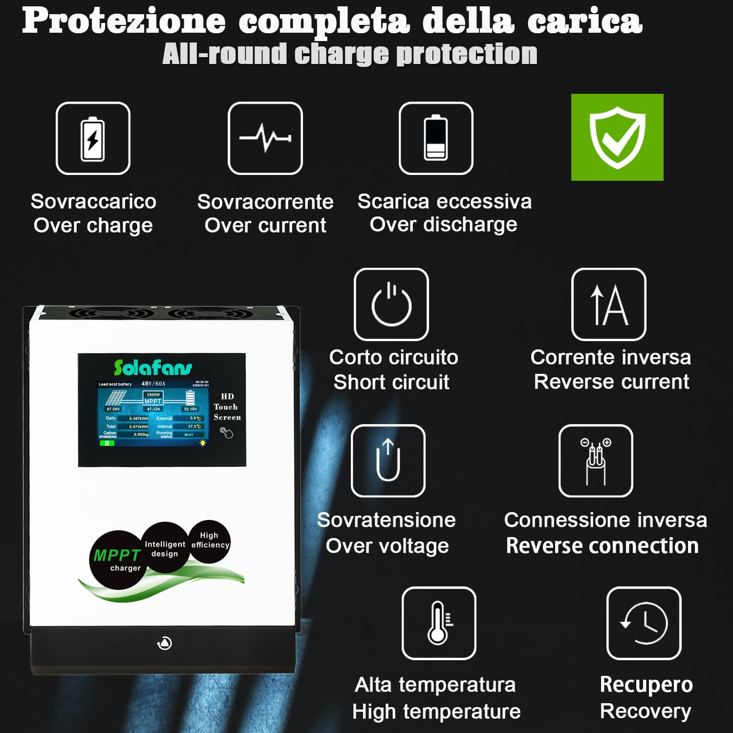 48V 80A MPPT Caricatore Solare 4.3 pollici HD Touch Screen PV DC150V 4.4KW Multi-lingua 12V/24V/36V Bluetooth per Off Grid/RV Applicazioni