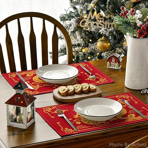 Miniatura 4 de Artoid Mode Juego de 4 manteles individuales de año nuevo 2024 con diseño de dragón del zodiaco chino de 12 x 18 pulgadas para decoración de