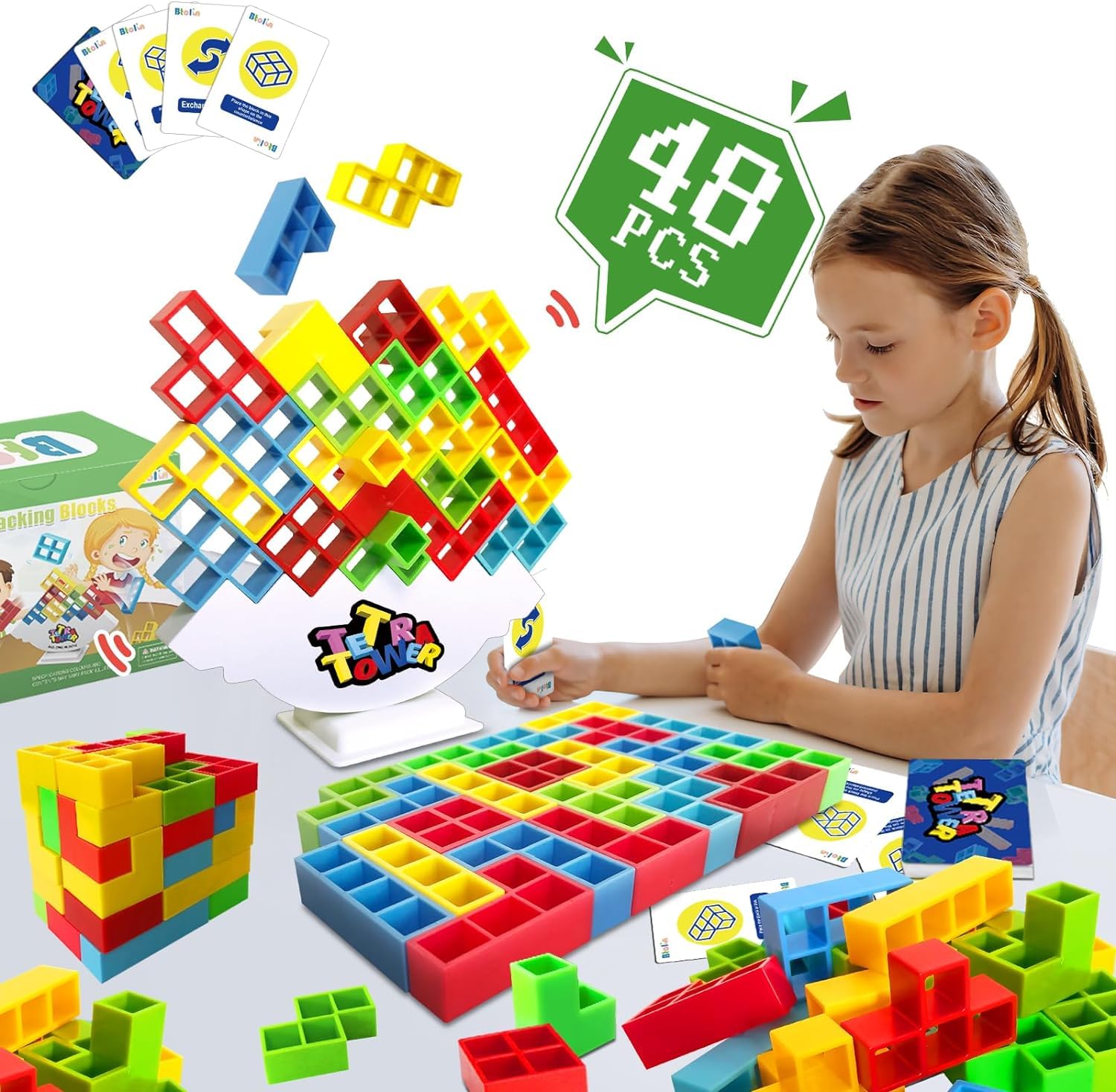 Oasisgalore48Pcs Tetra Tower Balance Game Tetris Stacking Blocks Building Board Games Toy for Kids Adults Family Travel Party Birthday Gift