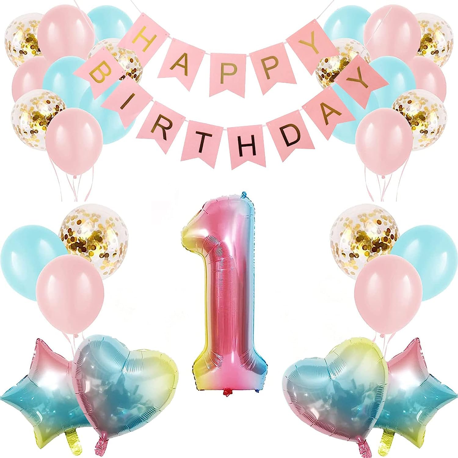 EVURU Baby Girl 1st Birthday Decorations Gradient color Age 1 Birthday Balloons with Happy Birthday Banner for Baby showers Second Birthday Party Supplies for Girls Boys (1st-birthday)