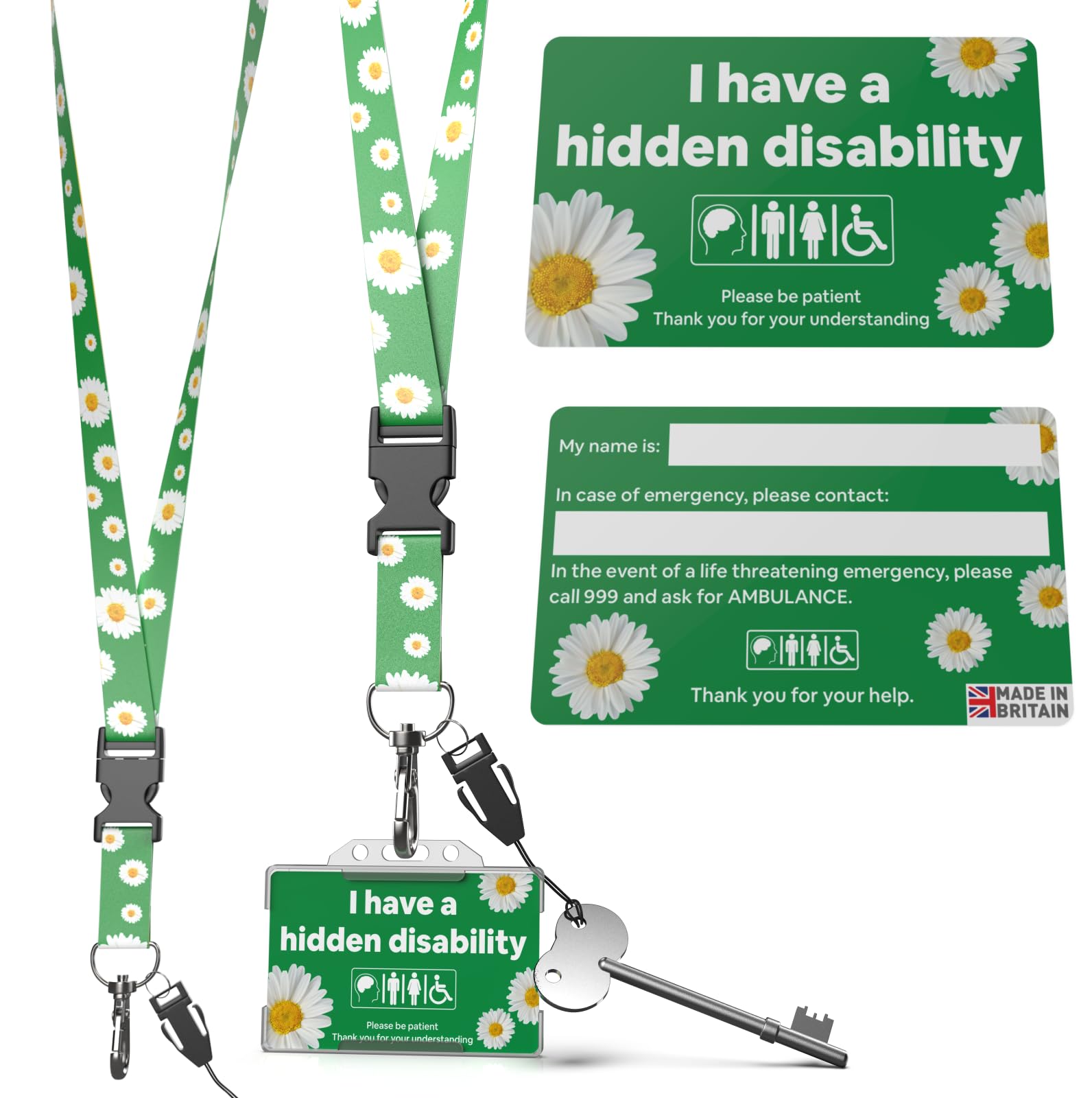 Official Easy Grip Large Head Radar Key with Disability ID Card, White Daisy Flower, with Premium Green Lanyard/Flower Lanyard, Space for Personalisation Details on Back of Card