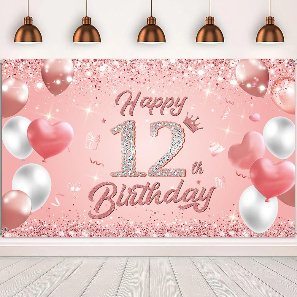 Happy 12th Birthday Banner Rose Gold 1.1 x 1.8m Happy Birthday Banner Backdrop 12th birthday decorations for Girls Women, 12 Years Old Anniversary Party Supplies