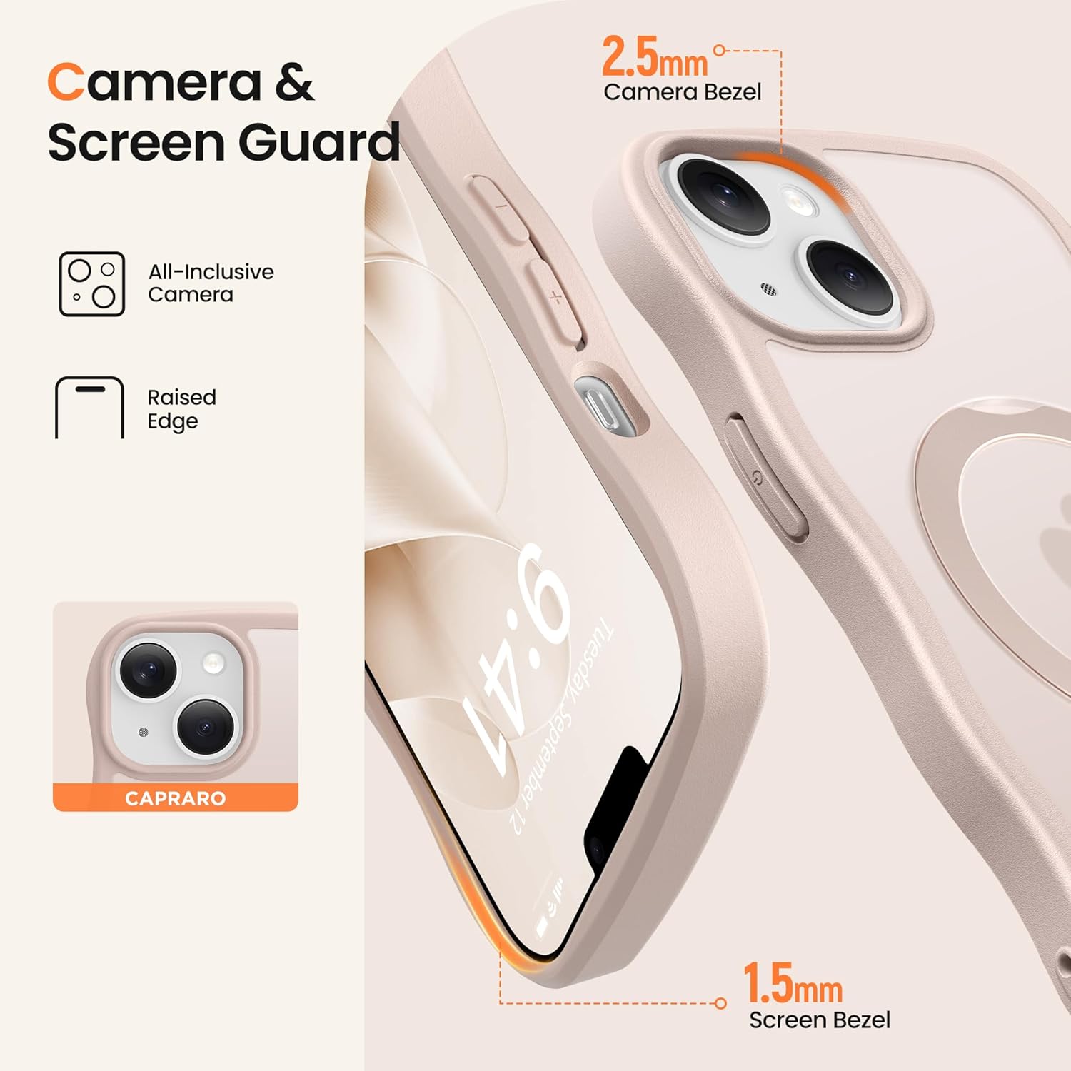 CAPRARO for iPhone 13 Case & iPhone 14 Case with 360° Spin Magnetic Stand for Women, [Compatible with MagSafe] [Camera Protection] Cute Wave Translucent Matte Case for iPhone 13/14, Rose Gold - Image 7
