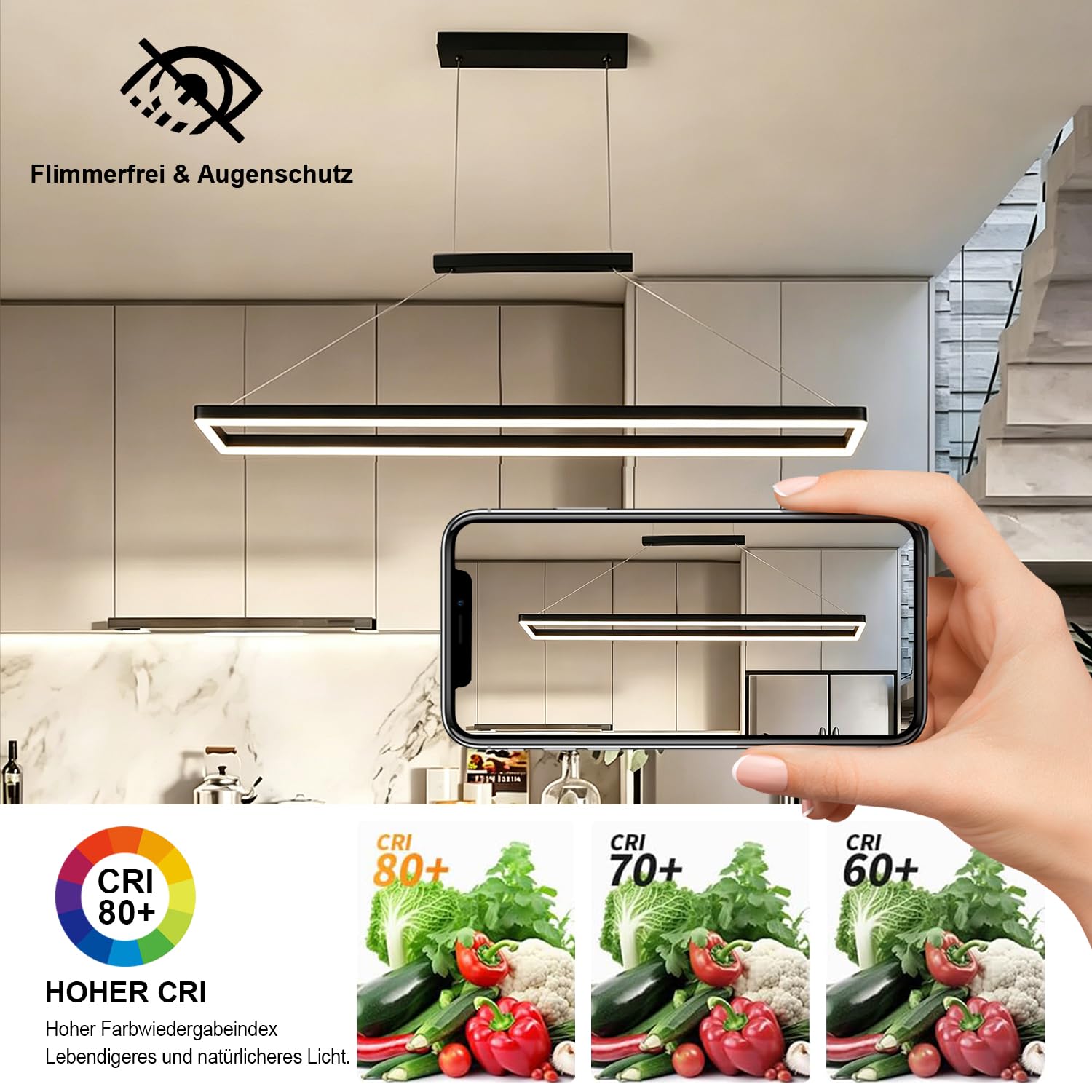 120CM LED Pendelleuchte Esstisch, 52W Dimmbar Hängelampe Esszimmer, Schwarz | Höhenverstellbar, Moderne Rechteckige Hängeleuchte mit Fernbedienung und Memory, Esszimmerlampe Hängend, für Küche Wohnzimmer