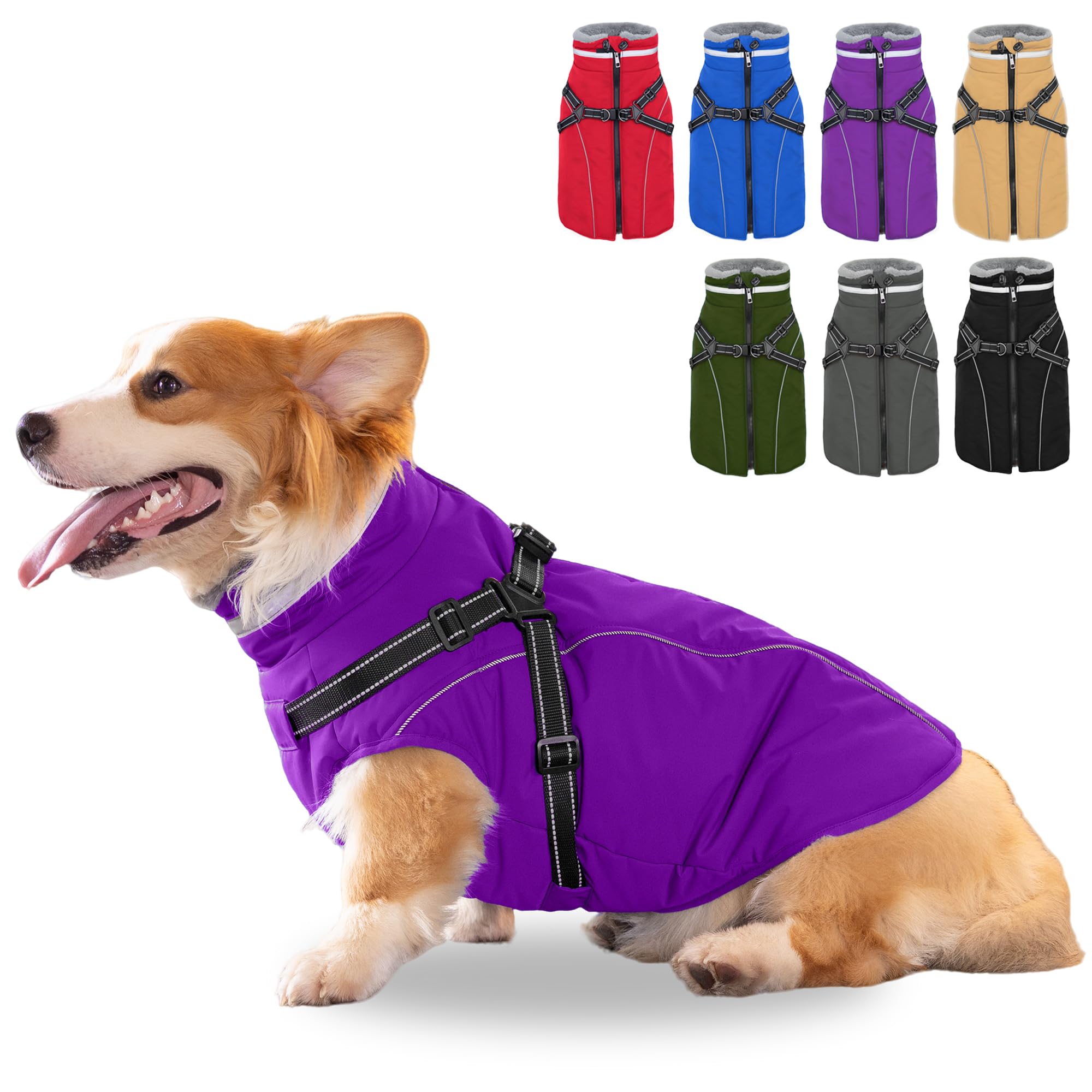 Fragralley Abrigo impermeable para perro con arnés integrado, chaqueta acolchada cálida con forro polar, parka reflectante ajustable resistente al viento para perros pequeños, medianos y grandes