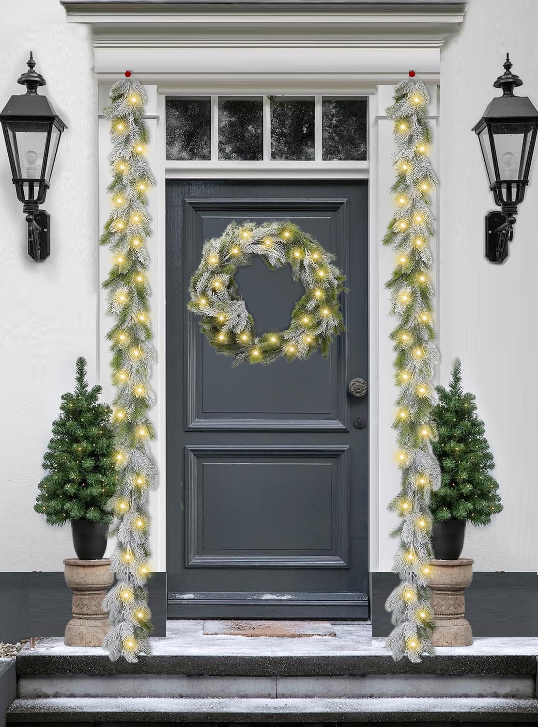 Norfolk Guirlande de sapin de neige avec lumières pour cheminée, intérieur et extérieur - Guirlande de Noël artificielle pour escalier, porte d'entrée, porche, mur, décoration de la maison