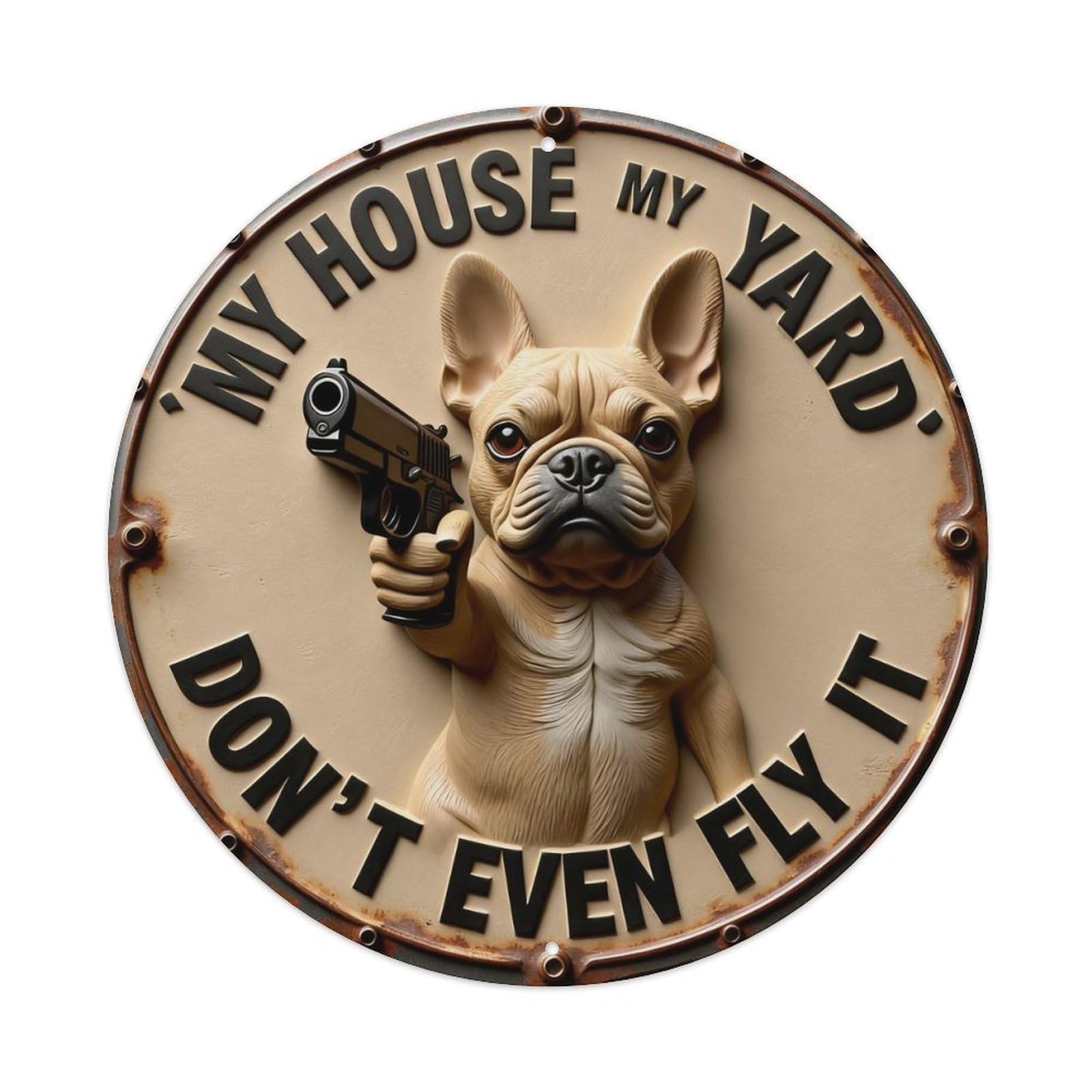Zlatcbu Vintage French Bulldog Yard Protection Sign Metal Tin Sign Retro Wall Art Poster, Decor For Home Living Room Bar Cafe Garage, 8X8 Inch
