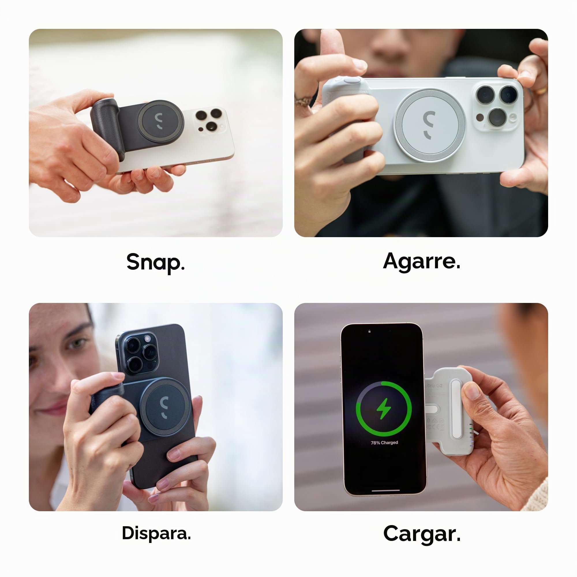 ShiftCam SnapGrip Pro - Agarre de batería móvil con botón de obturador inalámbrico - Soporte magnético ajustable - Batería externa con carga inalámbrica Qi