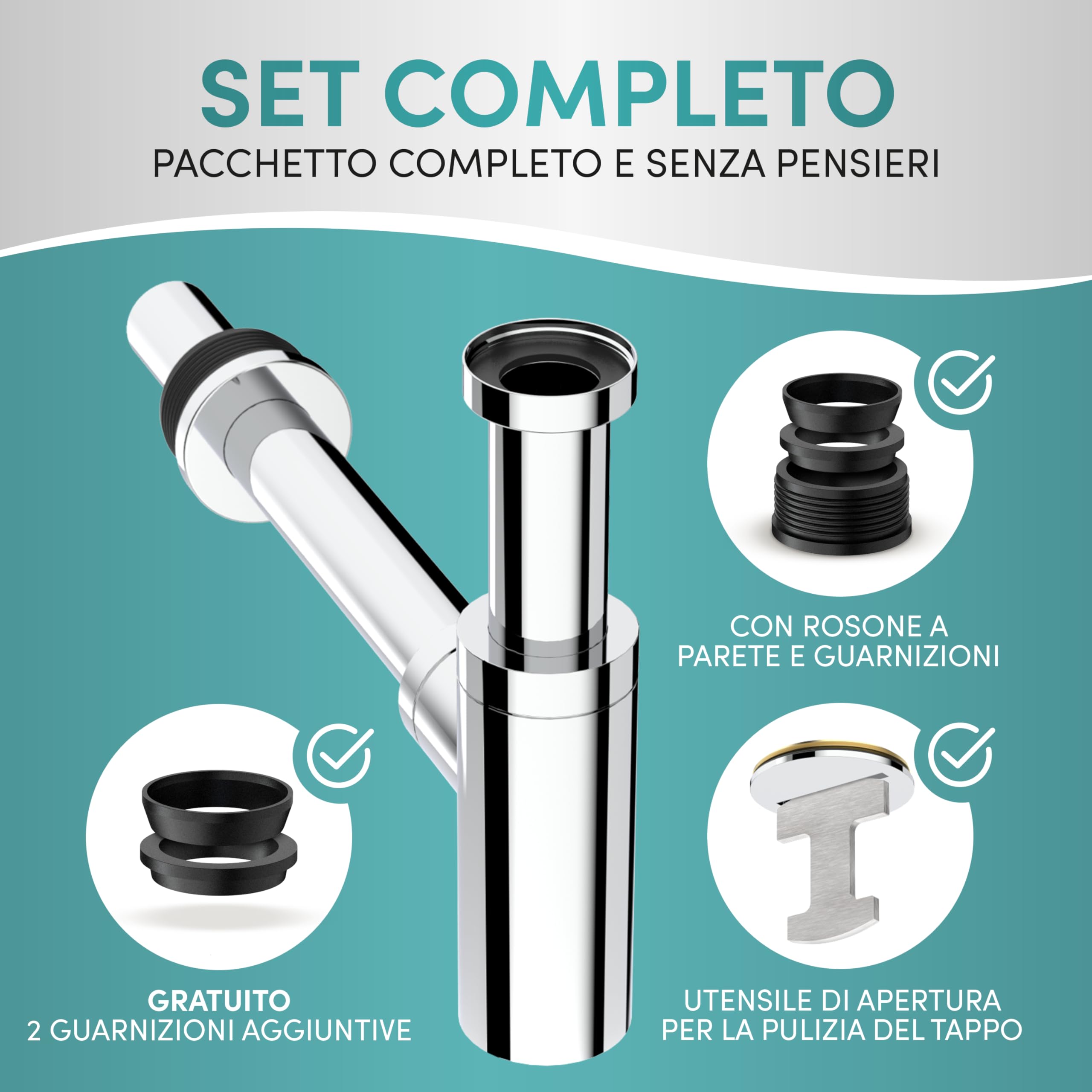 Engelbach® Sifone lavabo bagno con apertura per la pulizia - Tubo di scarico universale 1 1/4" con manicotto in gomma - Antiodore con istruzioni incluse