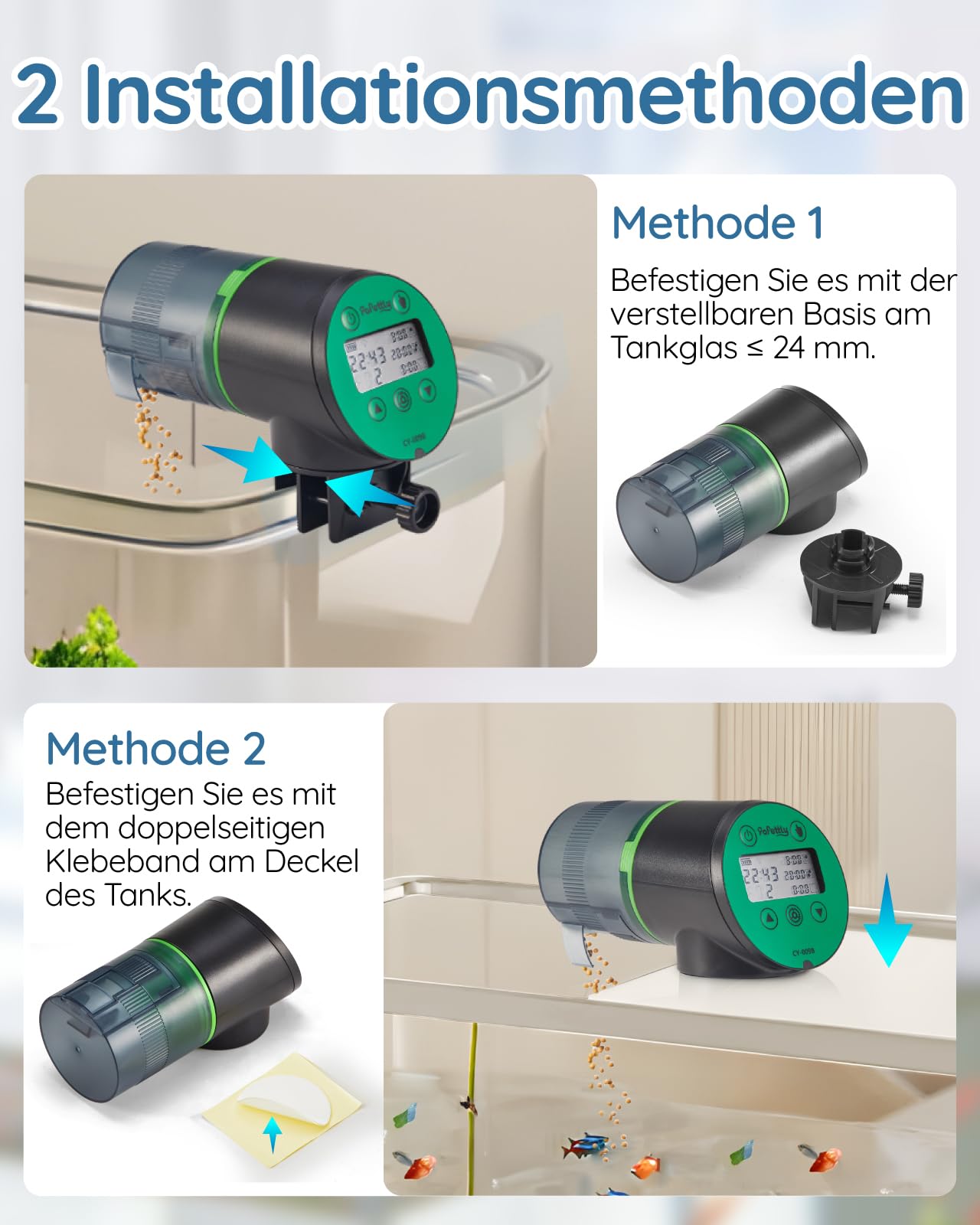 Papettly Futterautomat Aquarium, Automatischer Fischfutterautomat für Aquarium mit Batteriebetrieben, Fische Fischfutterspender 200ml, 2 AAA-Batterien im Lieferumfang enthalten, Fischfutterschwimmring