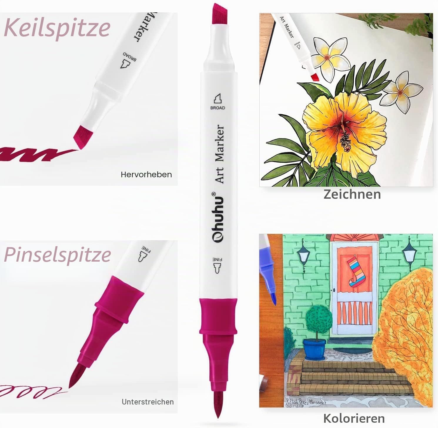 Ohuhu Pinsel Stifte 96 Farben, Alkoholmarker mit Doppelspitze, Meißel und Pinsel Kunstmarker-Set auf Alkoholbasis für Erwachsene zum Ausmalen von Illustrationen besser gestalteter Griff