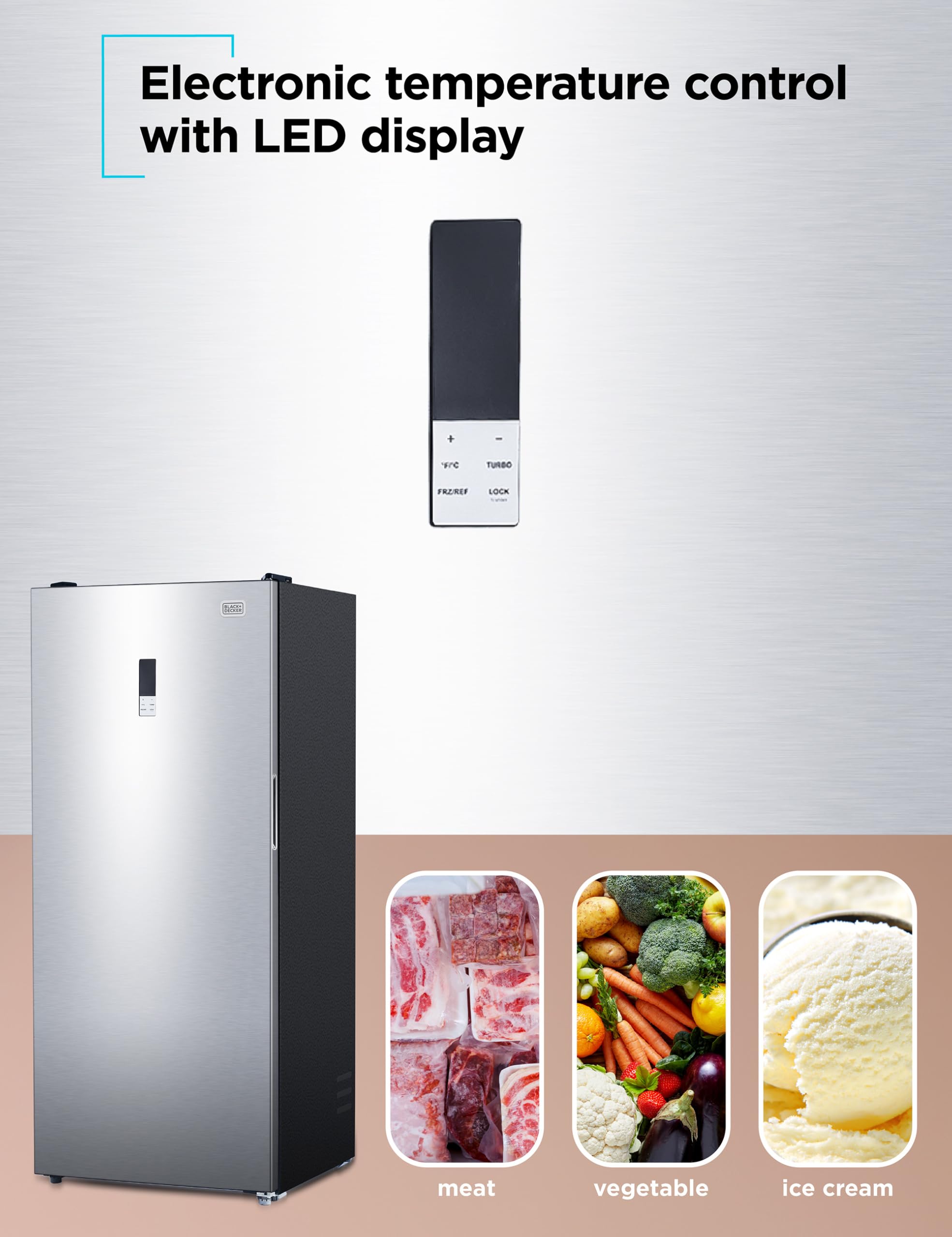Black+Decker 21 Cu. Ft. Convertible Freezer Refrigerator, Upright Freezer Or All Fridge With Glass Shelves, Reversible Door, R600a Refrigerant, Energy Star Rated, Frost Free, Buc2100js, Stainless Look on Fridge.com - View 3