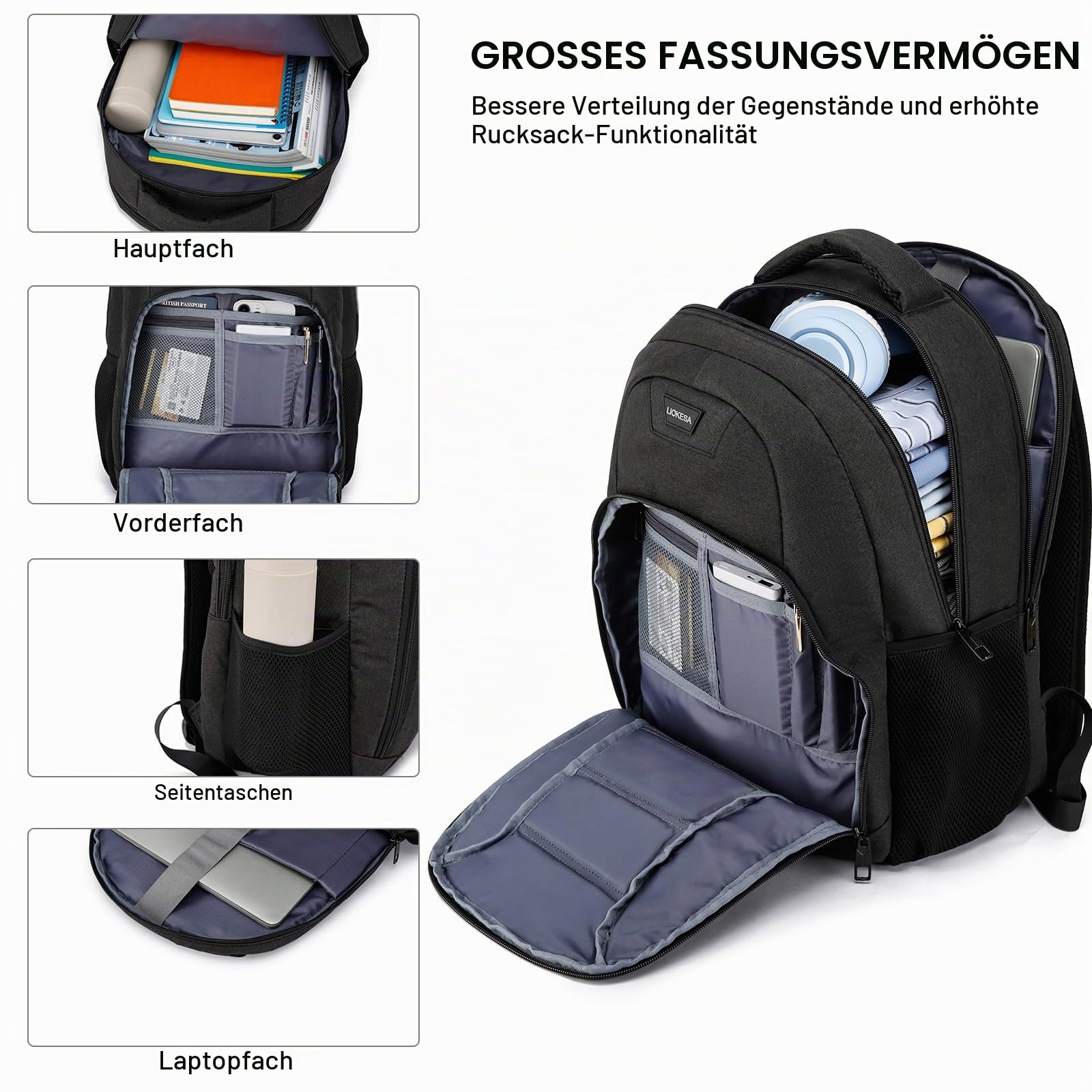Rucksack Herren,Rucksackschule Laptop Rucksack Schulrucksack Jungen Teenager mit 17.3 Zoll Laptopfach,Wasserdicht Rucksack Arbeit Schultasche für Schule, Wandern Reisen, Business, Schwarz