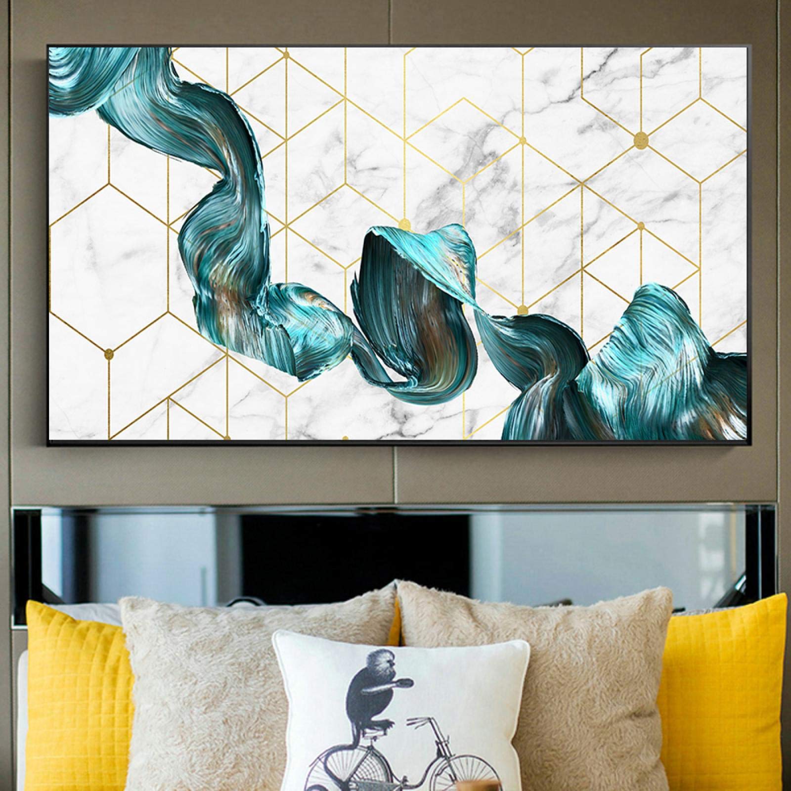 Arte decorativo nórdico abstracto Mármol Textura de mármol Cartel abstracto Arte de pared verde dorado Impresión Lienzo moderno Pintura en tinta 70x140cm (28x55in) Con marco