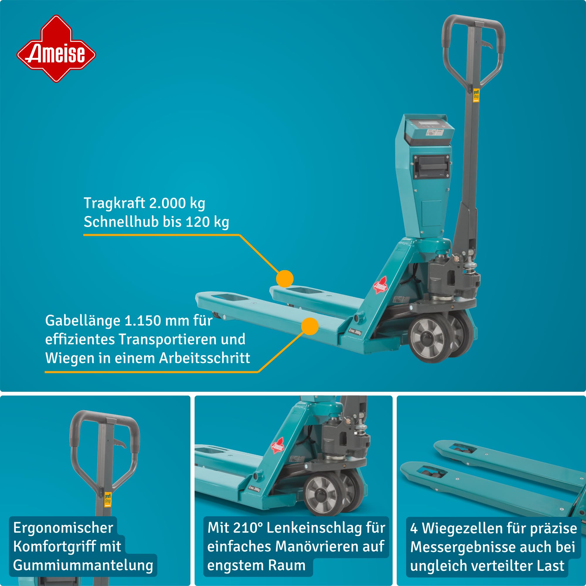 Ameise Hubwagen PTM mit Präzisionswaage | Display mit 0,2/0,5/1 kg Schritten | 2.000 kg Tragkraft | 1.150 mm Gabellänge | Vollgummi Lenkrad | Polyurethan Tandem-Gabelrollen | Schnellhub bis 120 kg