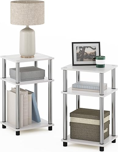 Miniatura 25 de Furinno JUST - Juego de 2 mesas auxiliares, mesa auxiliar abierta de 3 niveles, mesa de noche de montaje sin herramientas, mesa de noche con tubo