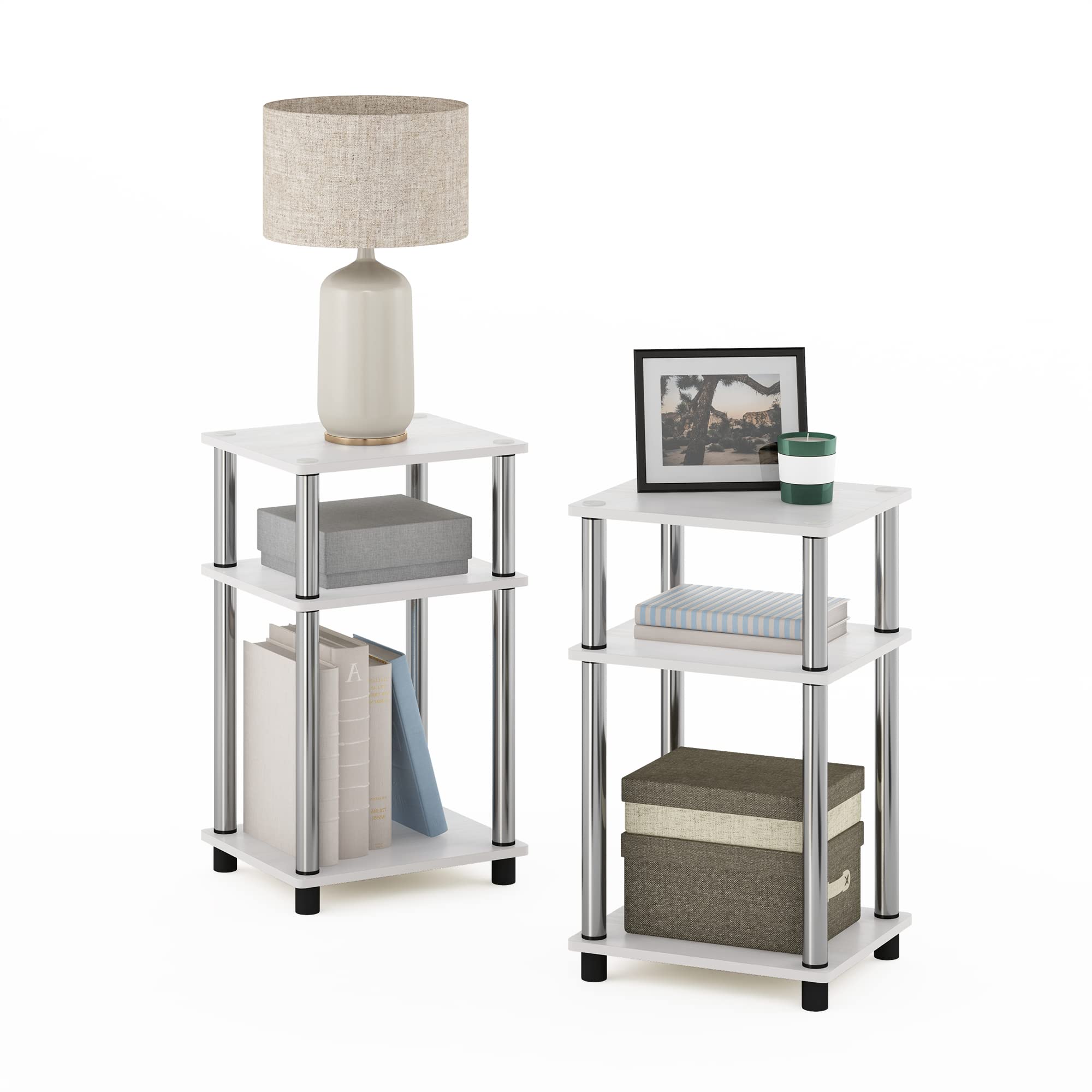 Table de chevet Furinno à 3 étages en chêne blanc et acier inoxydable, lot de 2