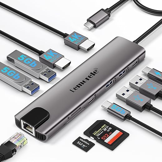 Lemorele USB C Hub Dual HDMI Docking Station 11-in-1 with Gigabit Ethernet, 2*HDMI, 4*USB, PD 100W, USB-C 3.0 Data, SD/TF for MacBook/Dell/HP/Surface/Lenovo/Windows