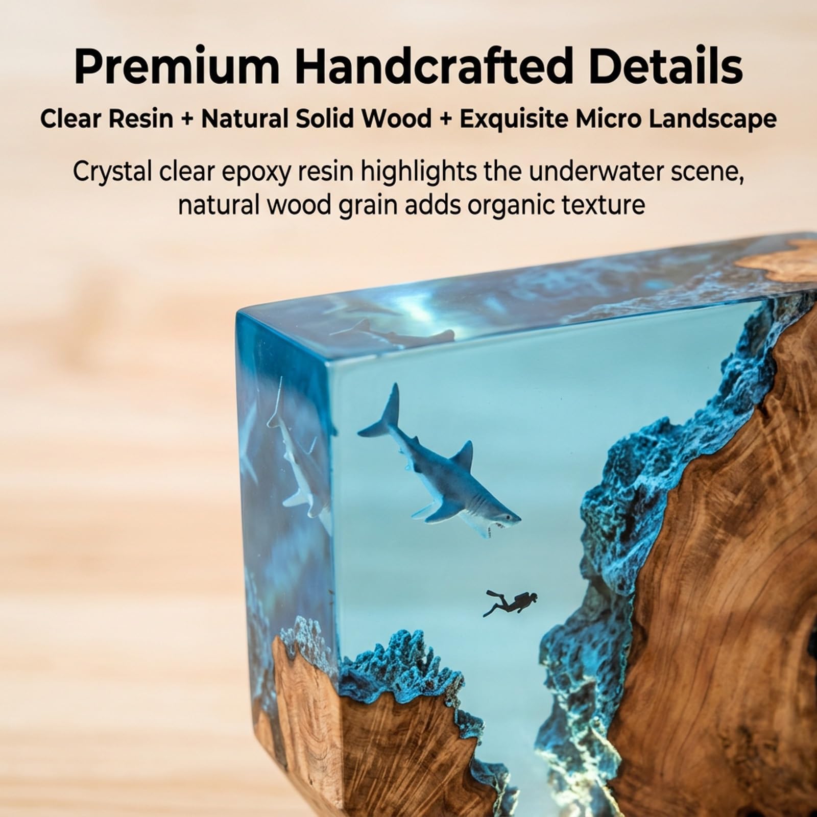 Lampada Resina Epossidica, Luce Notturna con Design Oceano 3D | Lampada LED artigianale in resina e legno per scrivania, comodino, camera e arredamento casa(15*13cm/5.9*5.1in)