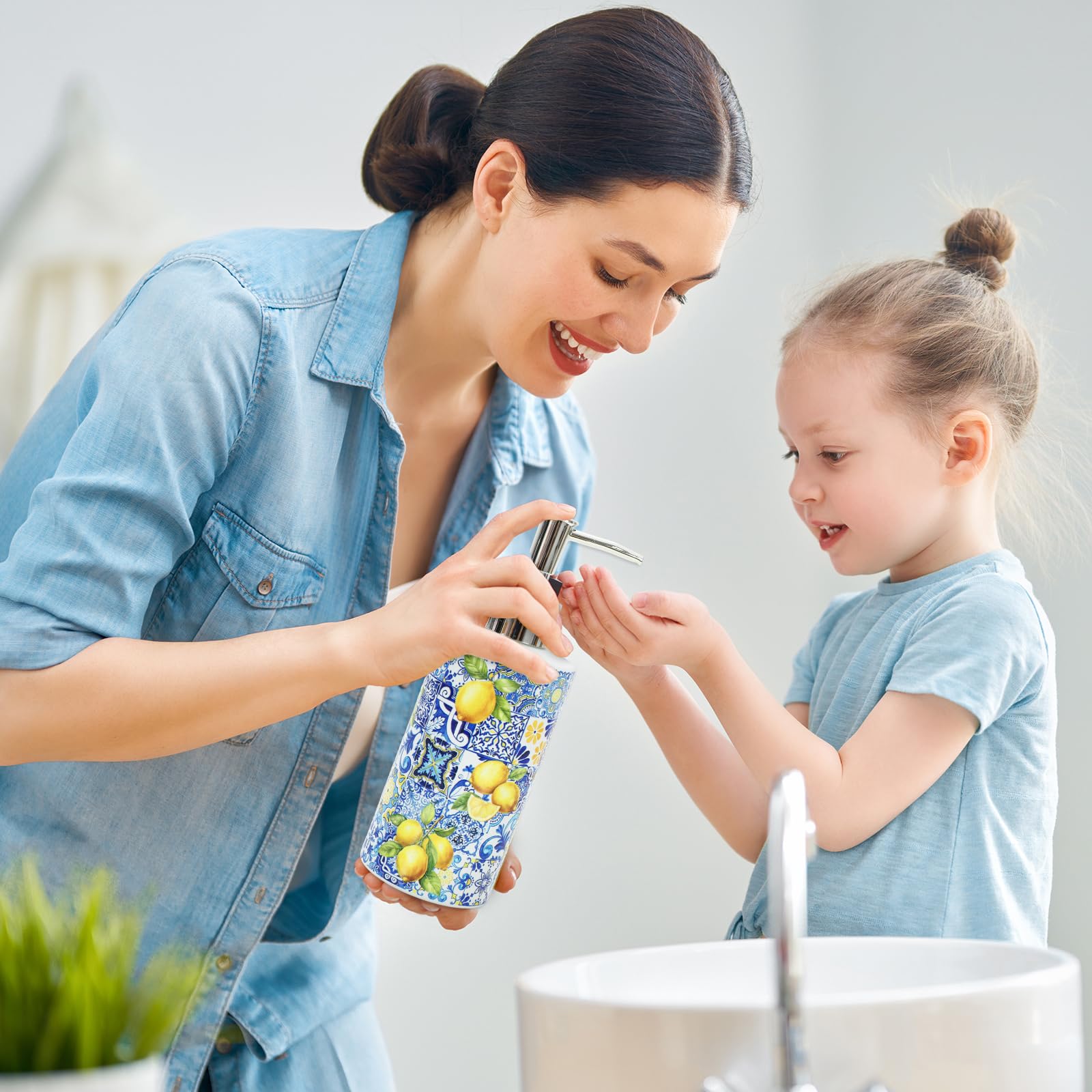 JarThenaAMCS Capri Zitronen-Seifenspender, Blaue Fliese, Gelb, Zitronenglasspender mit Pumpe, nachfüllbarer Flüssigseifenbehälter für Sommer, Zuhause, Küche, Badezimmer, Arbeitsplatte