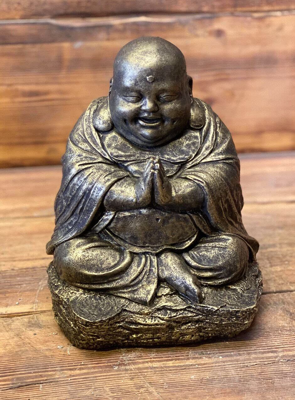 STONE GARDEN GOLD CHUBBY HAPPY SMILING PRAYING BUDDHA BUDDAH STATUE ORNAMENT