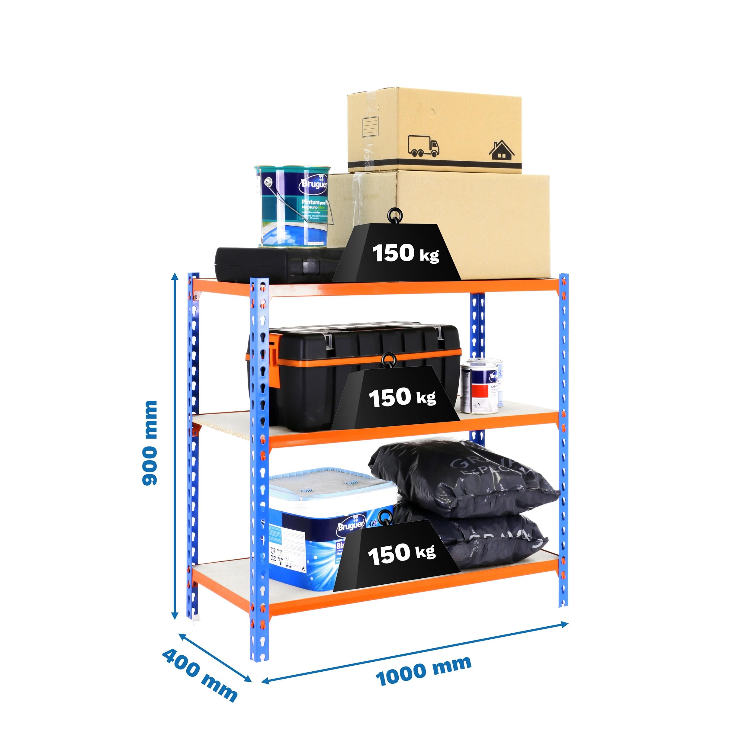 Simon Rack Metal Shelf, 1000x900x400 Mm, 3 Heights, Wood Tray, 150 Kg Flex Point, Storage Shelf, White/Wood - Maderclick