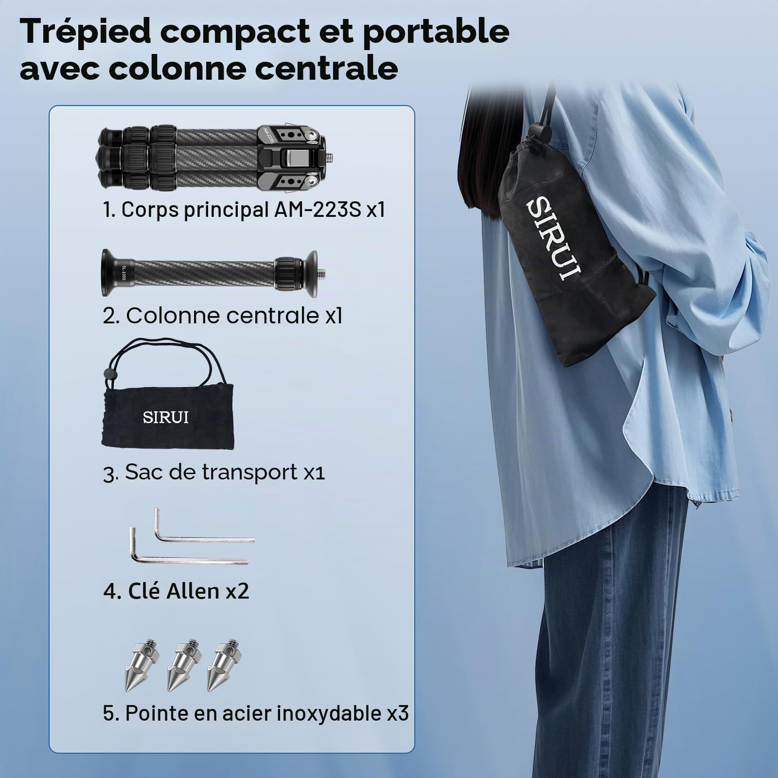 SIRUI Mini Trépied en Fibre de Carbone avec Colonne Centrale Extensible, Hauteur Maximale 66 cm, Supporte 15 kg - Ultra-Léger 0,7 kg pour Le Bureau et Les Voyages, AM-223S+SL-100S