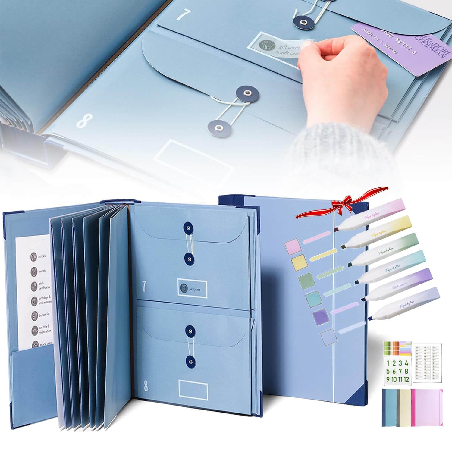 Important Document Organizer, Expandable File Folder for Emergency Binder & Vital Records - Holds Passports, Birth Certificates, Social Security Cards, Photos (Blue)