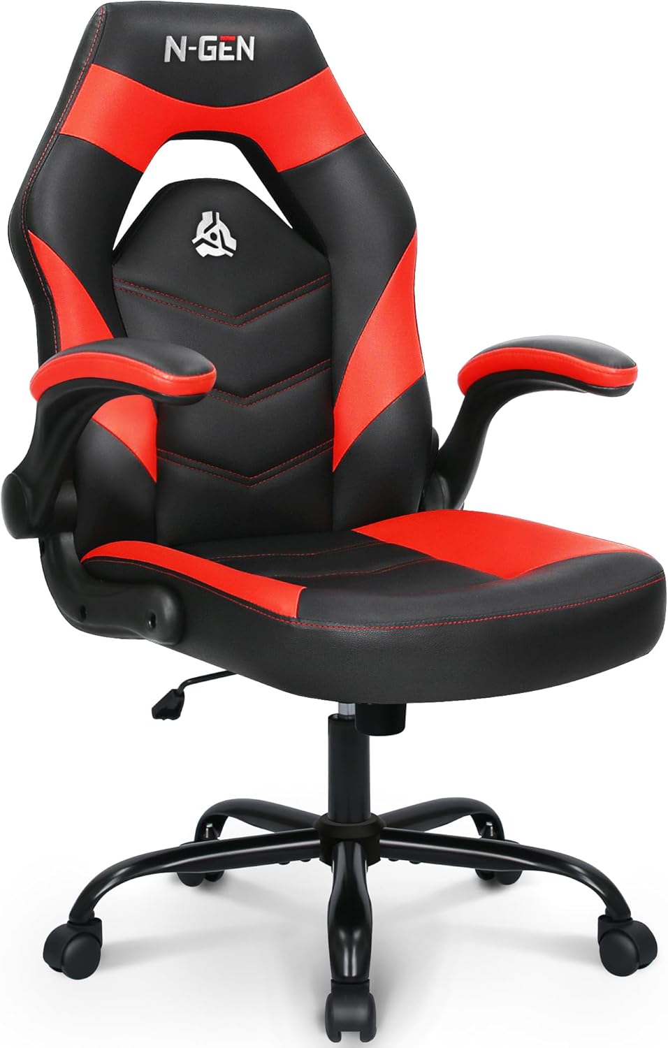 N-GEN Video Gaming Chair Ergonomic Computer Desk Office Chair with Lumbar Support Adjustable Height Swivel Wheels Flip-Up Arms PU Leather Home and Office (Black)