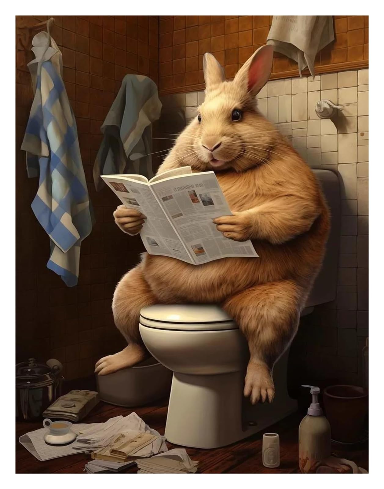 XENITE Wall Art Canvas Prints Funny Animal Rabbit Giraffe Frog Sitting On The Toilet Reading Newspaper Canvas Painting Poster Prints Wall Art Pictures Home Decor(J,30x40cm)
