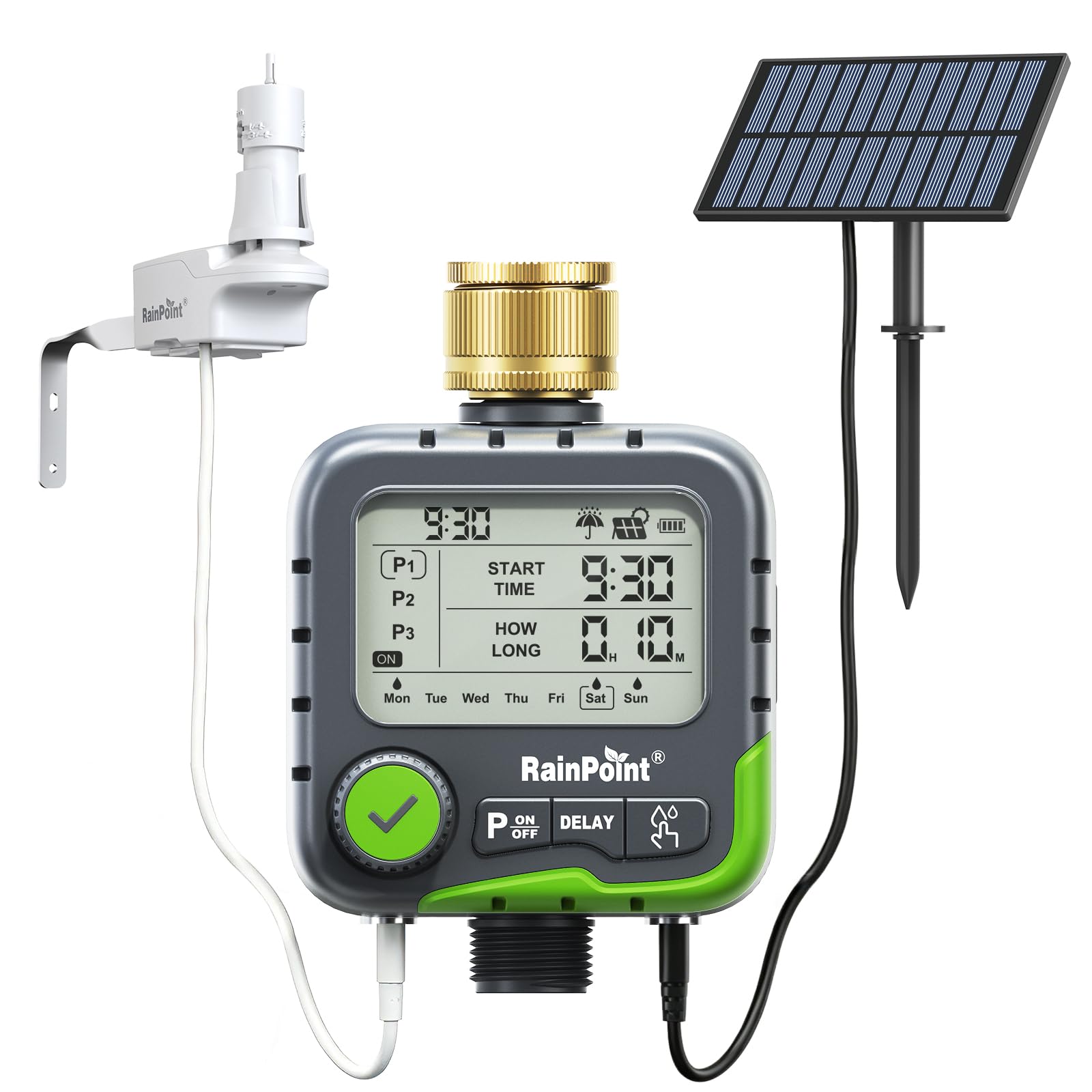 RAINPOINT Bewässerungscomputer mit 3 unabhängigen Bewässerungsplänen, einfache Bedienung, Dual-Anschlüsse für Regensensor und Solarpanel, Regenverzögerungsfunktion, IP65 wasserdicht