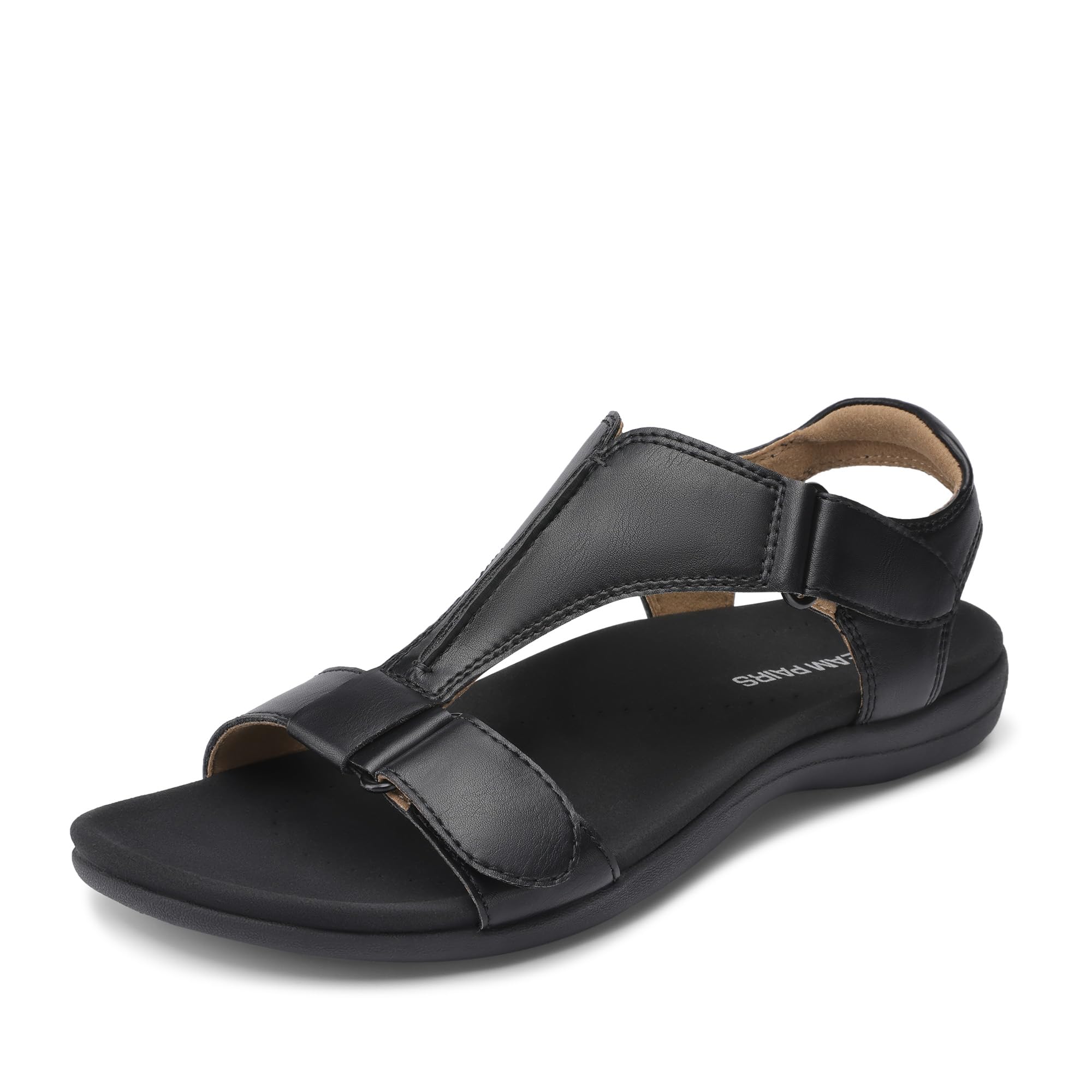 Women Sandals Arch Support T-strap Orthopedic Flat Sandals Comfortable Walking Beach Summer Shoes, All Black, 9