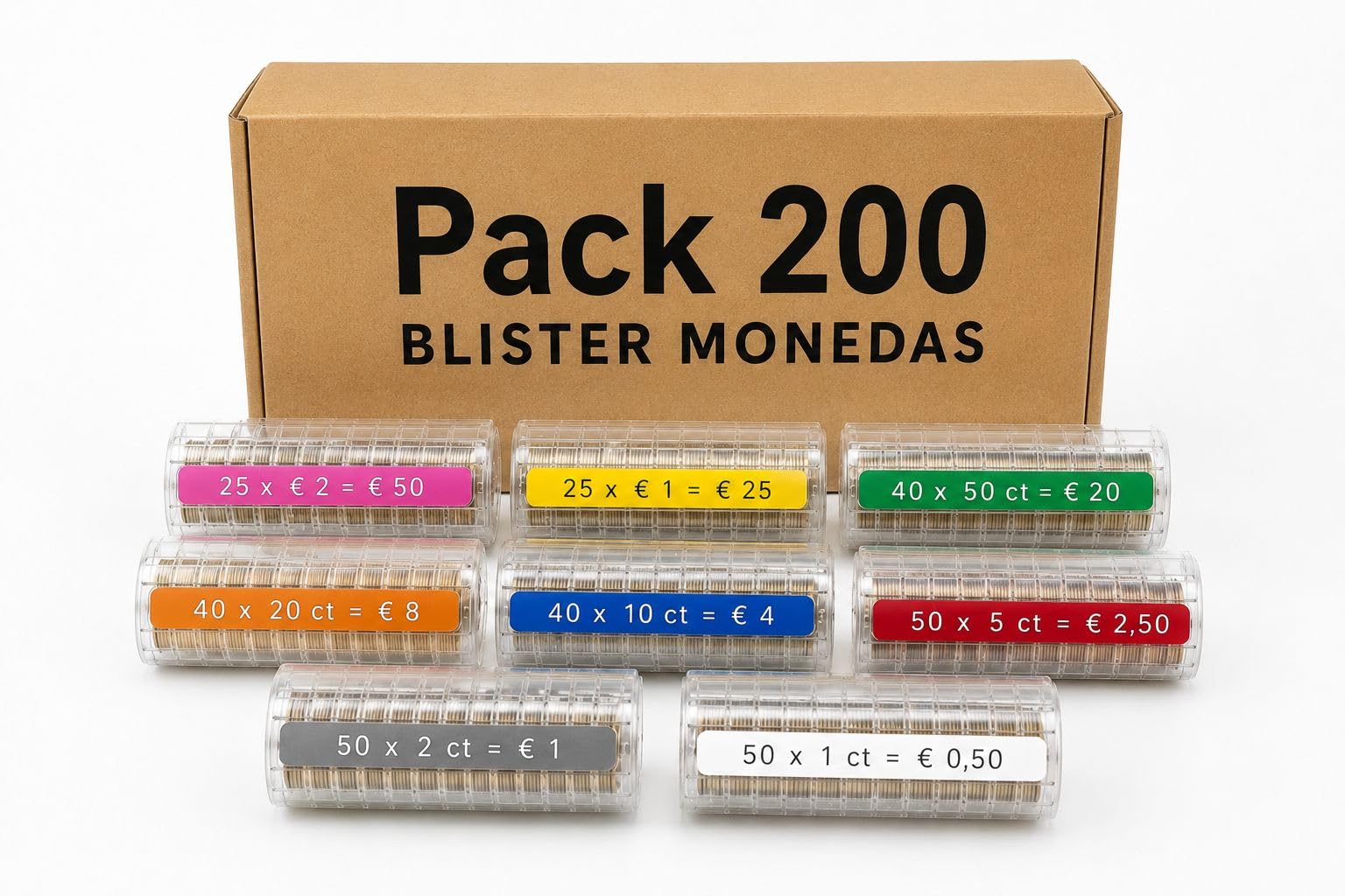 200 Blíster para Monedas Euro – 25 x Céntimo 1, 2 y 5 | 25 x 10, 20 y 50 Céntimos | 25 x 1 Euro | 25 x 2 Euros | Organizador y Clasificador de Monedas