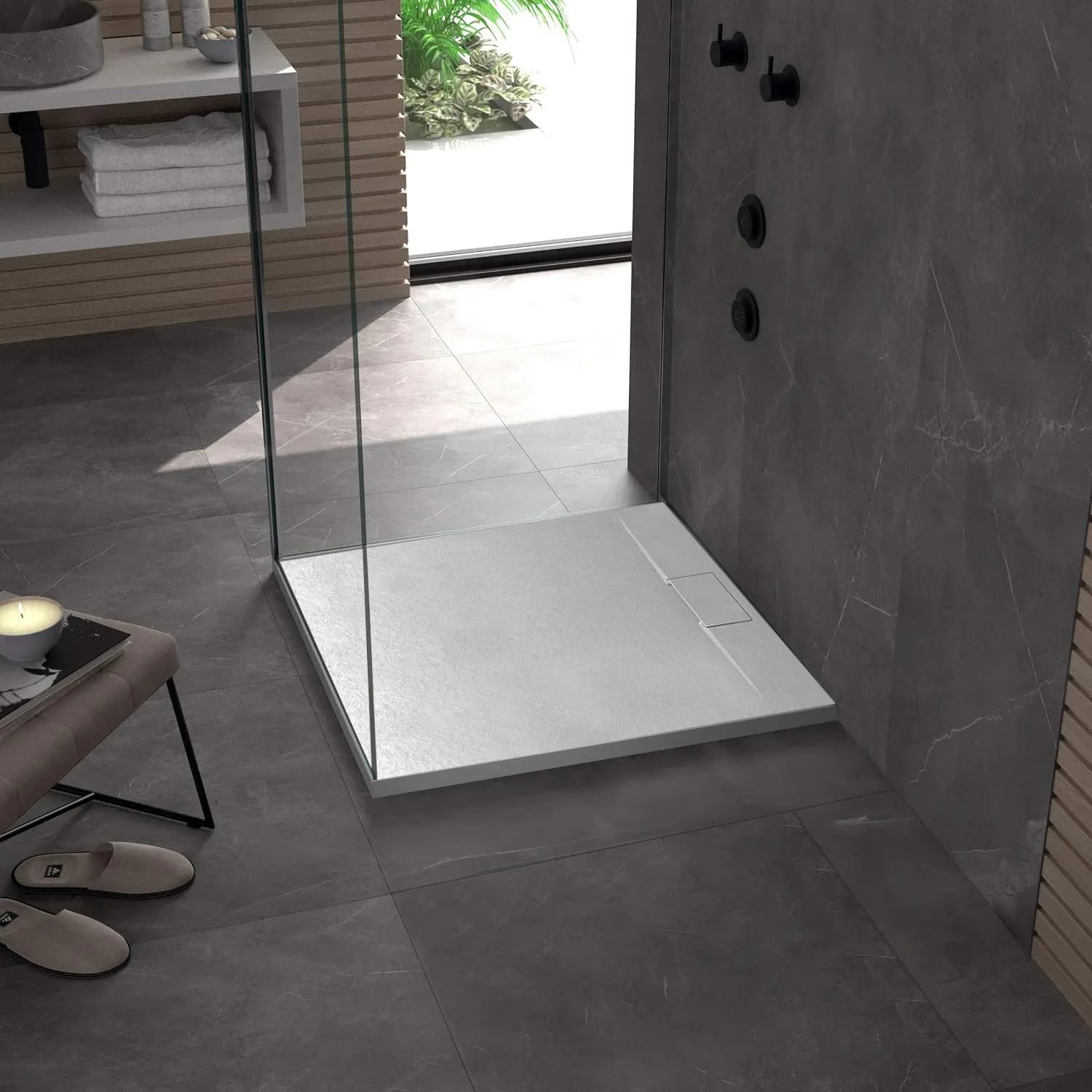 VBChome Plato de ducha 90 x 90 x 2,5 cm, estructura de piedra, plato de ducha extraplano, cuadrado, placa de desagüe SMC, compuesto SMC, instalación universal, sifón