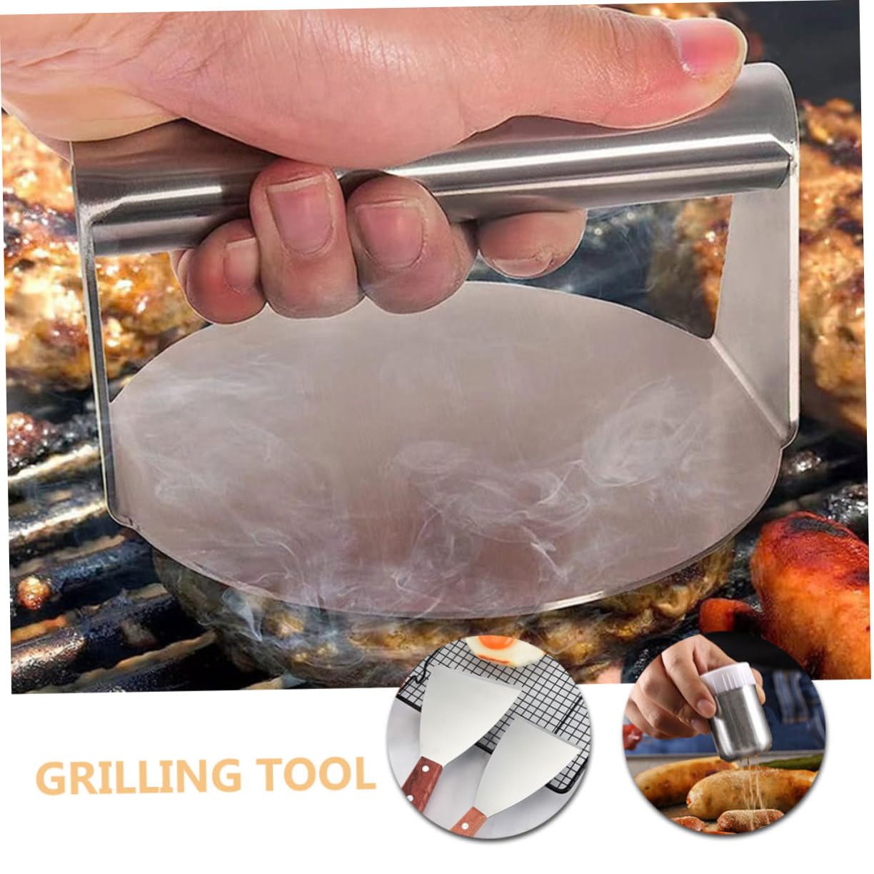 ABOOFAN Set 5 Pezzi Accessori per Barbecue Outdoor Pressa per Carne, Spatola e Pennello in Metallo Inossidabile