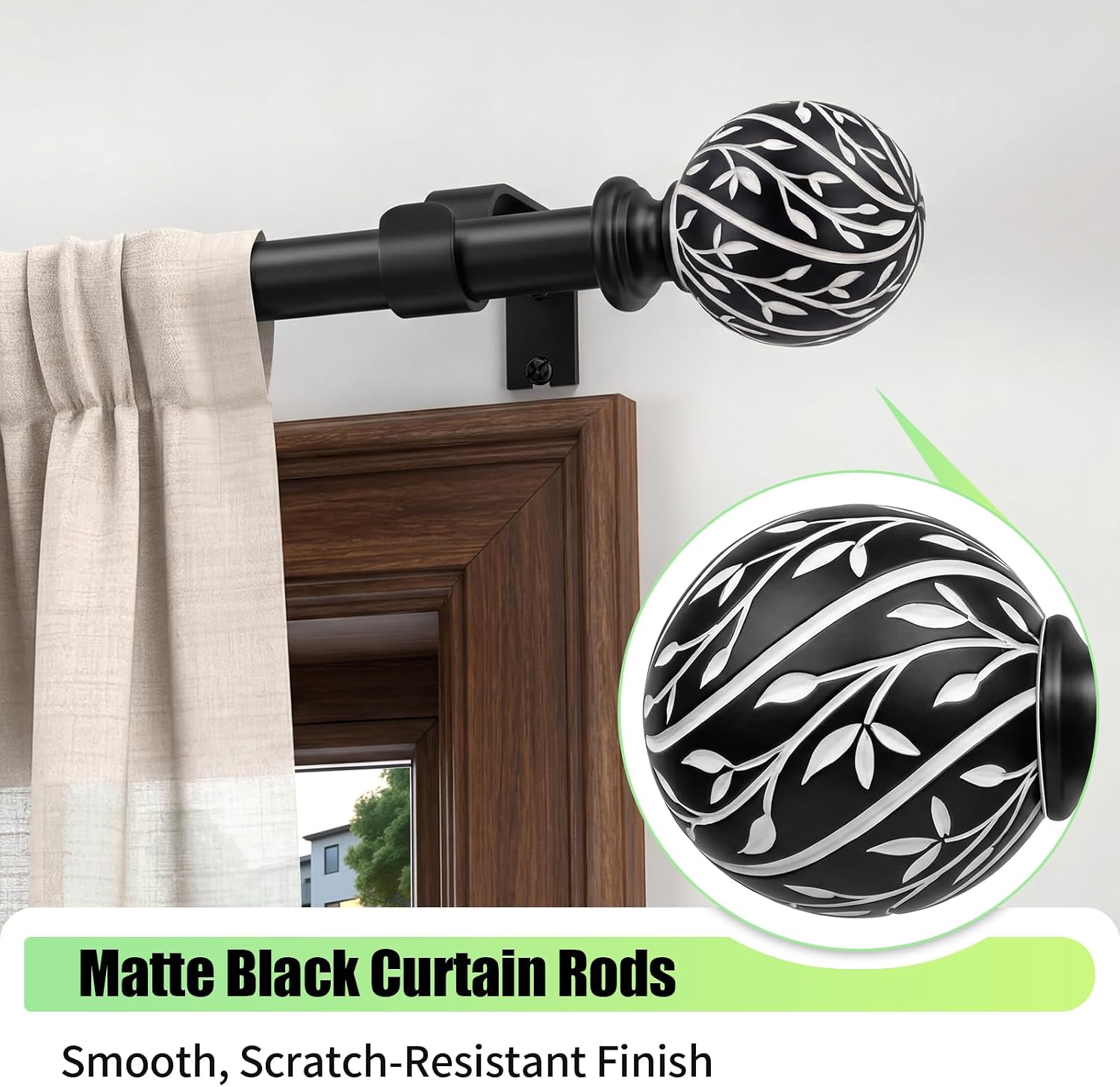 Black Curtain Rods for Window 36-144" Adjustable Window Treatment Rod image 3