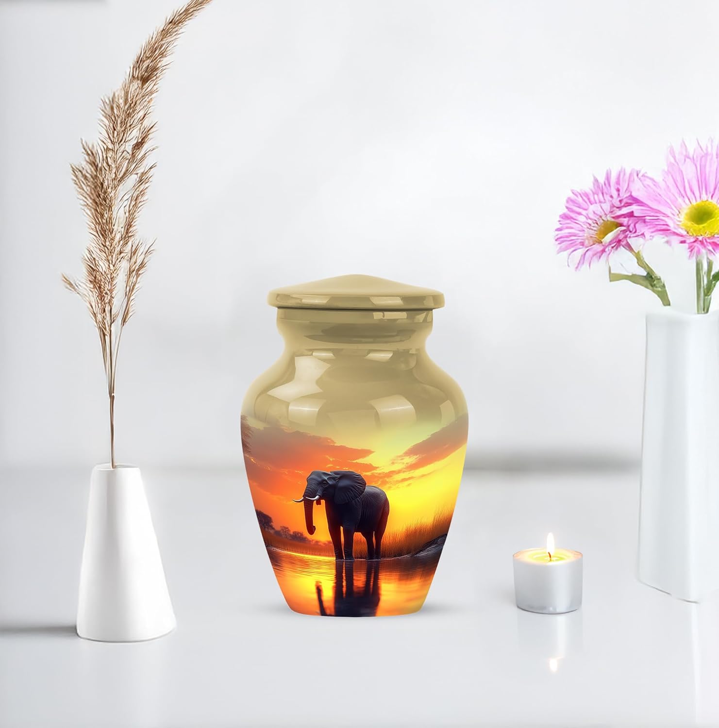 Elephant Urn Ashes, Cremation Urns for Human Ash, Burial & Funeral for Adult, Memorial Gift for Men & Women, Handcrafted, Small, Yellow, 3 Inch