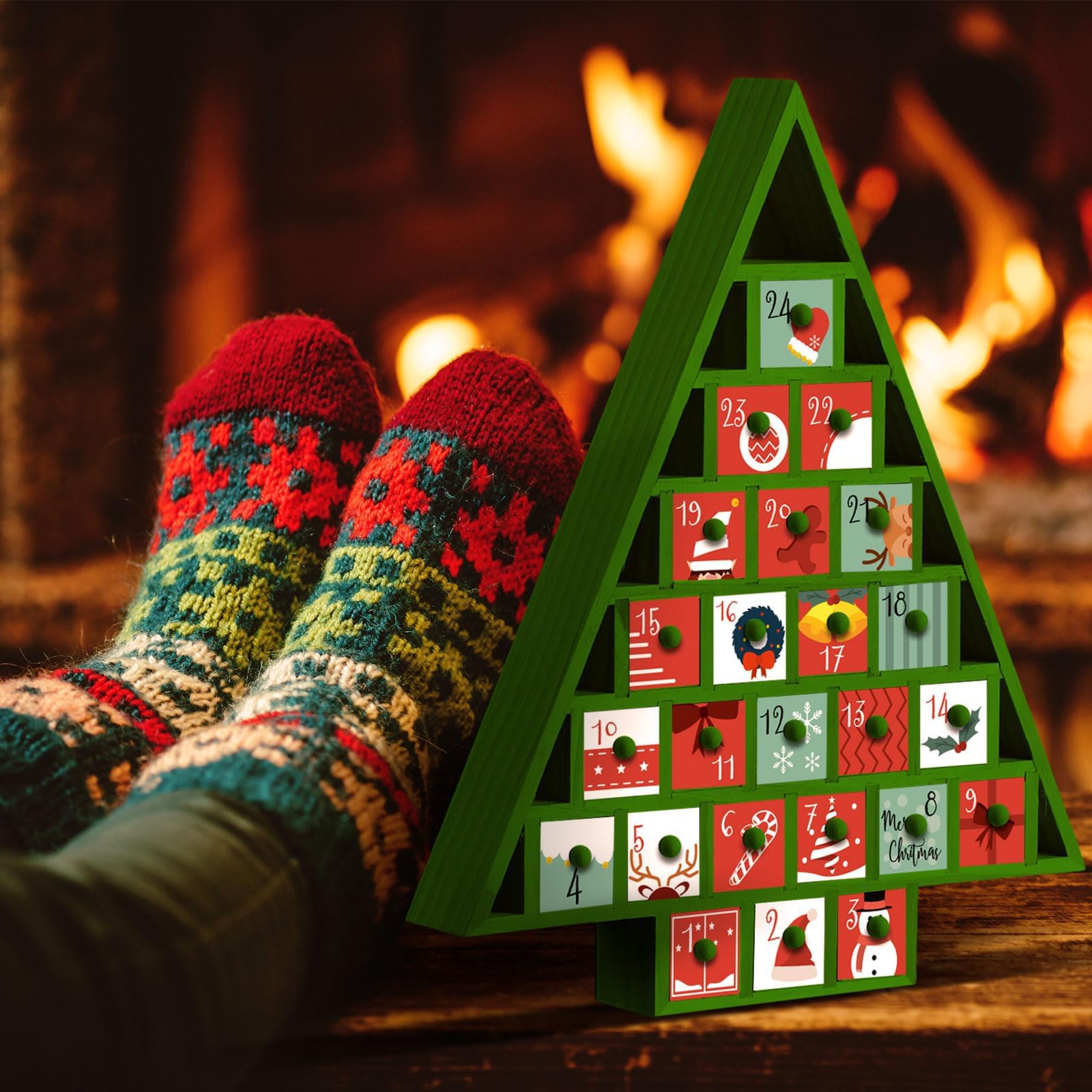 Geetery 1 juego de calendario de Adviento de madera 2025, calendario de cuenta regresiva de 24 días para Navidad con 24 cajones extraíbles, calendario de cuenta regresiva en forma de árbol de Navidad