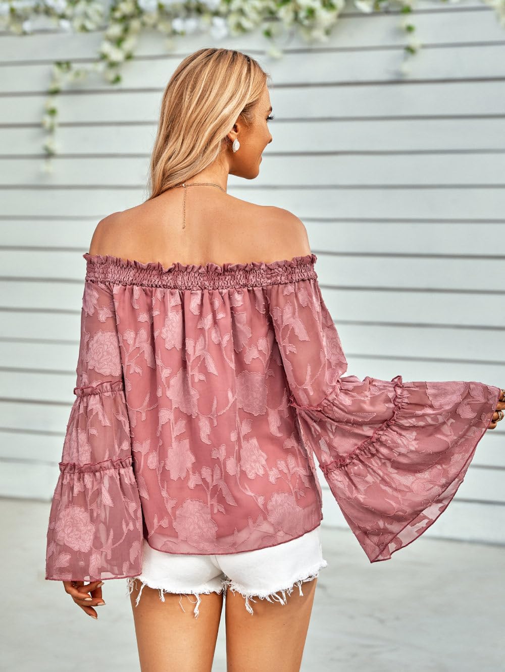 Top Femme Sexy,Chemisier Décontracté pour Femme À Épaules Dénudées Pull Chemise Rose Foncé en Mousseline De Soie Pivoine Jacquard Floral Sexy Évasé À Manches Longues Chemisier Élégant TR